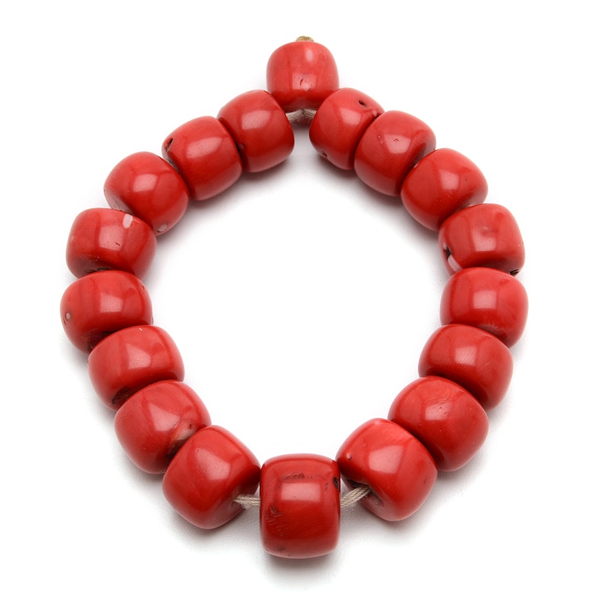 Eighteen Tibetan Red Coral Prayer Beads, Drilled and Strung on Cotton Cord