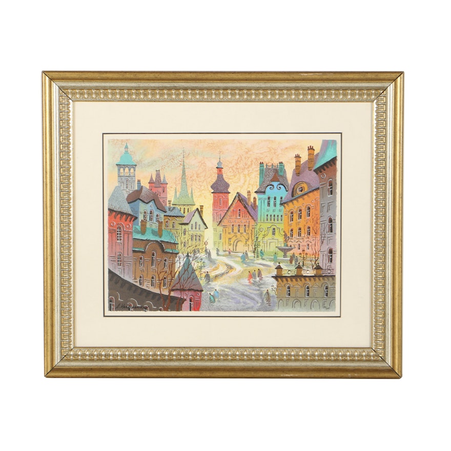 Anatole Krasnyansky Limited Edition Serigraph on Woven Paper "Red Sunet Prague"