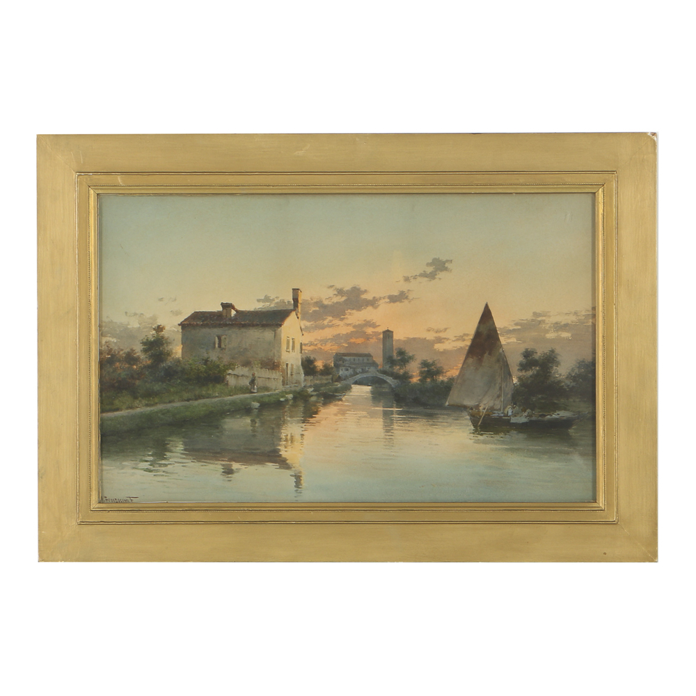 Alberto Prosdocimi Watercolor Painting on Paper Canal Landscape Scene