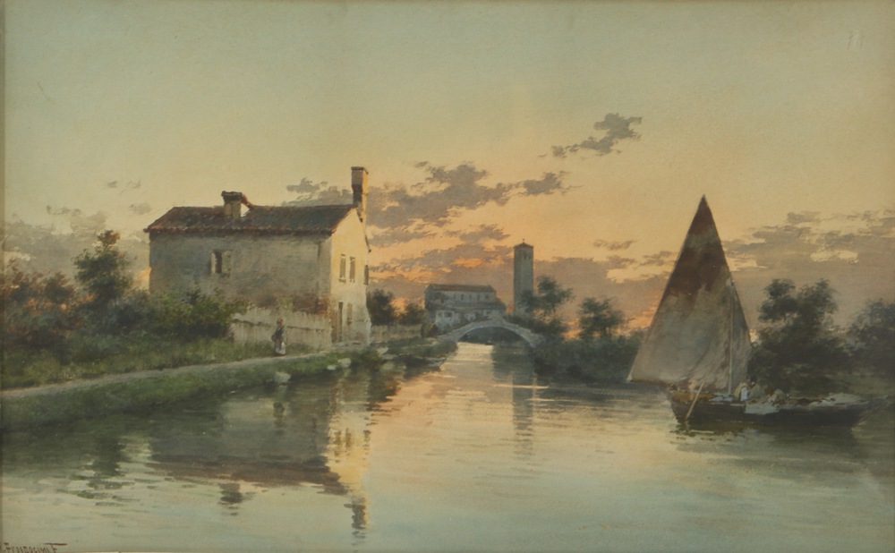 Alberto Prosdocimi Watercolor Painting on Paper Canal Landscape Scene