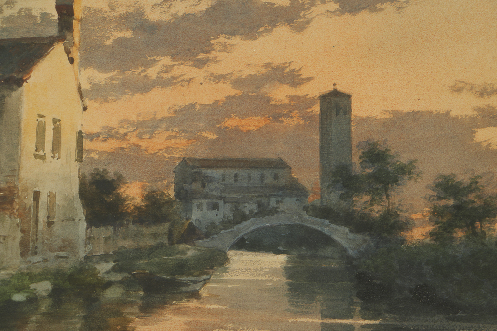 Alberto Prosdocimi Watercolor Painting on Paper Canal Landscape Scene