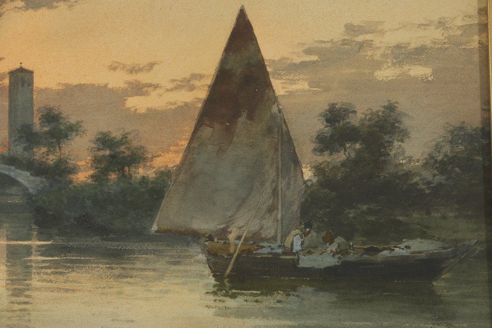 Alberto Prosdocimi Watercolor Painting on Paper Canal Landscape Scene