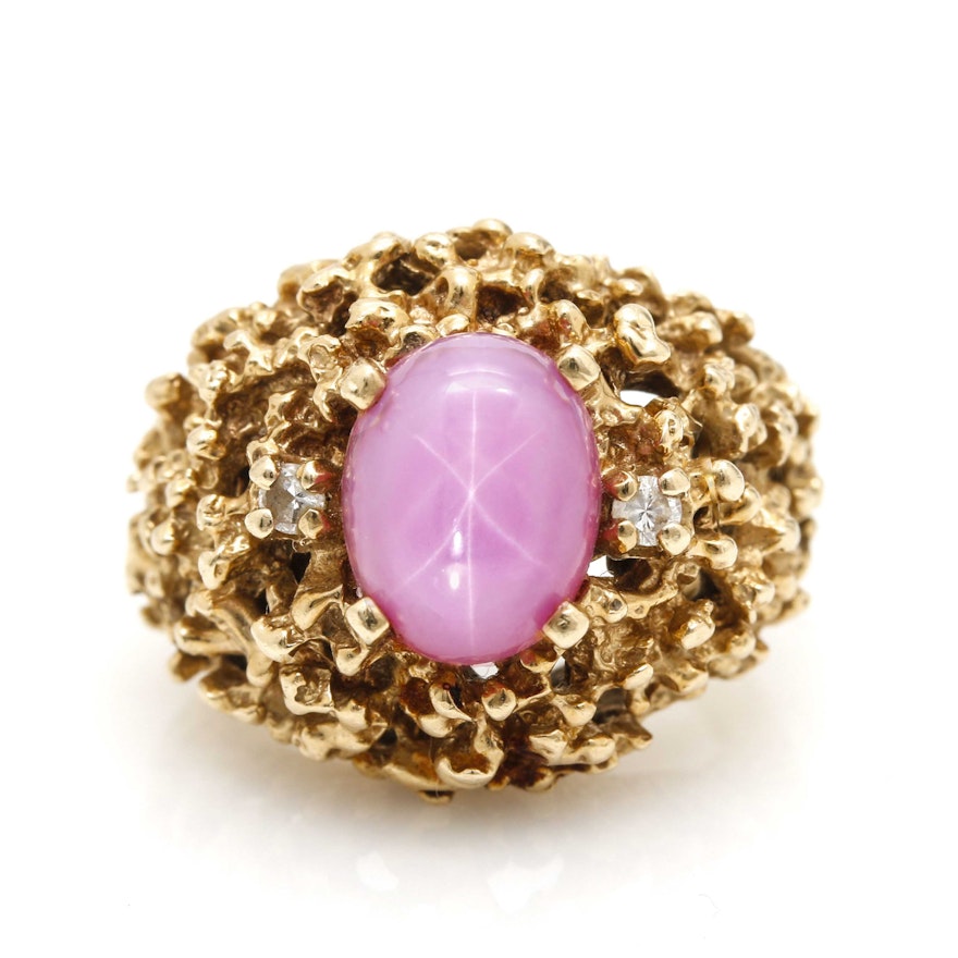 14K Yellow Gold Pink Star Sapphire and Diamond Ring