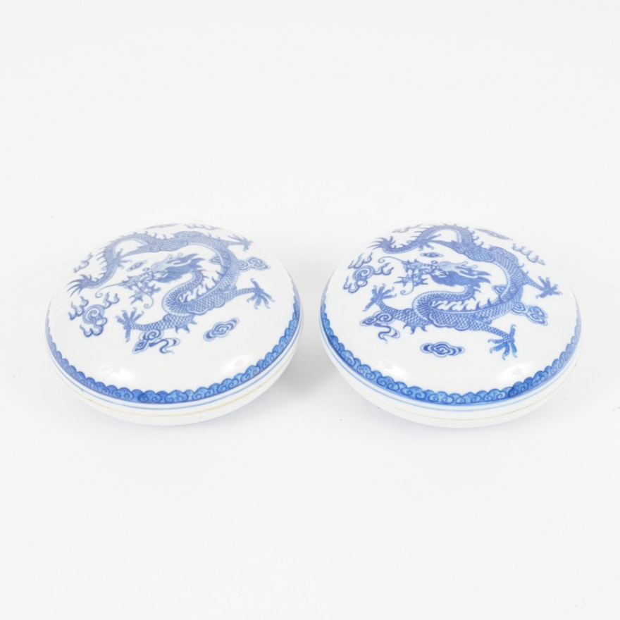 Chinese Porcelain Trinket Boxes with Cobalt Dragon Motifs