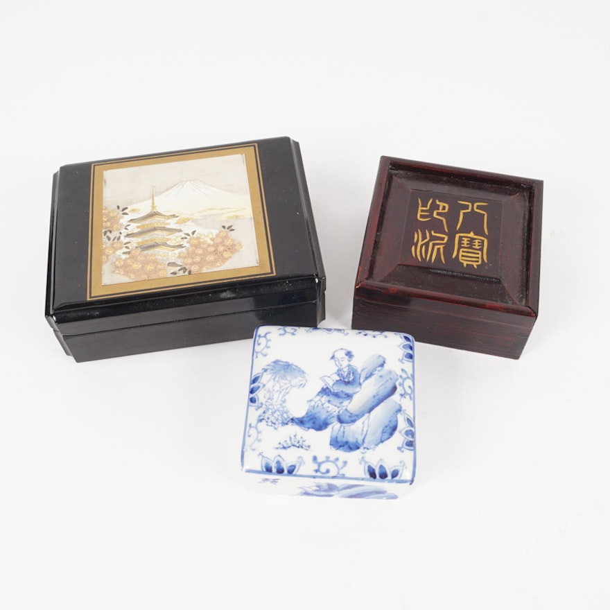 Asian Porcelain and Wood Jewelry and Trinket Boxes
