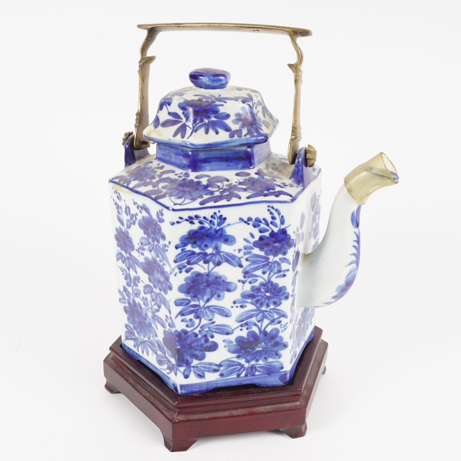 Large Hand Painted Floral Tea Pot on Stand