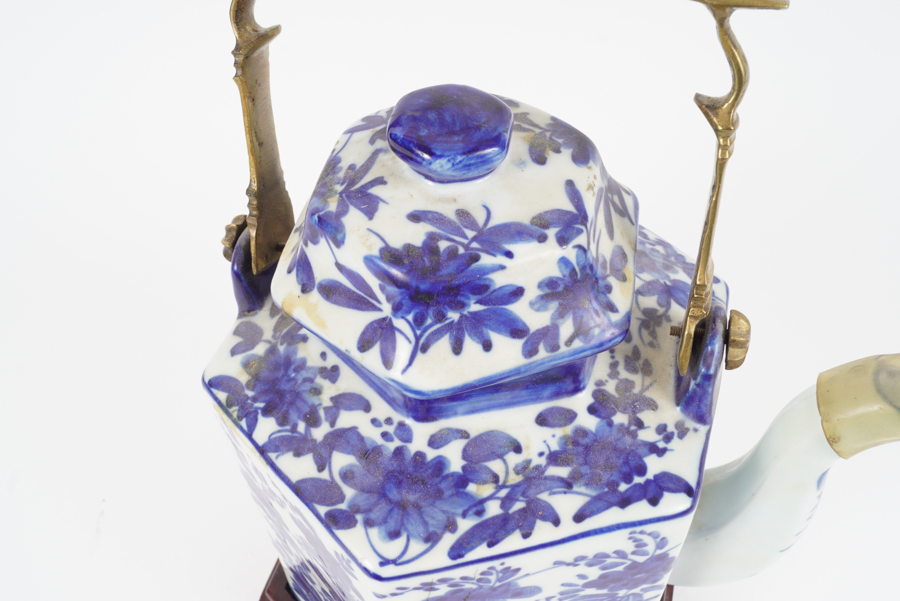 Large Hand Painted Floral Tea Pot on Stand