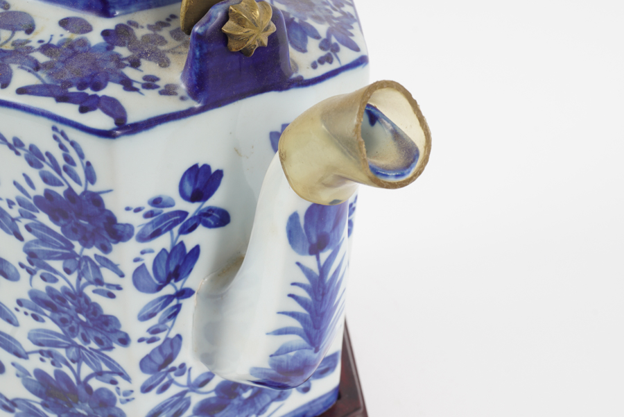 Large Hand Painted Floral Tea Pot on Stand