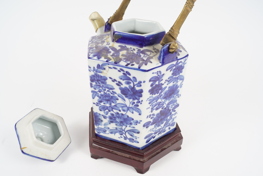 Large Hand Painted Floral Tea Pot on Stand