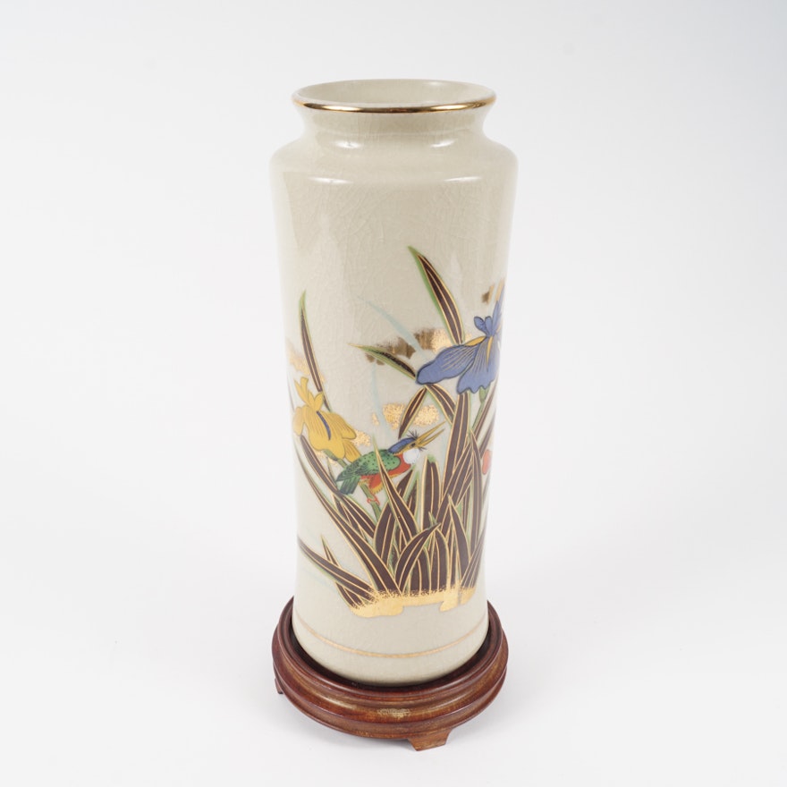 Japanese Hand-Painted Vase with Blue and Yellow Iris