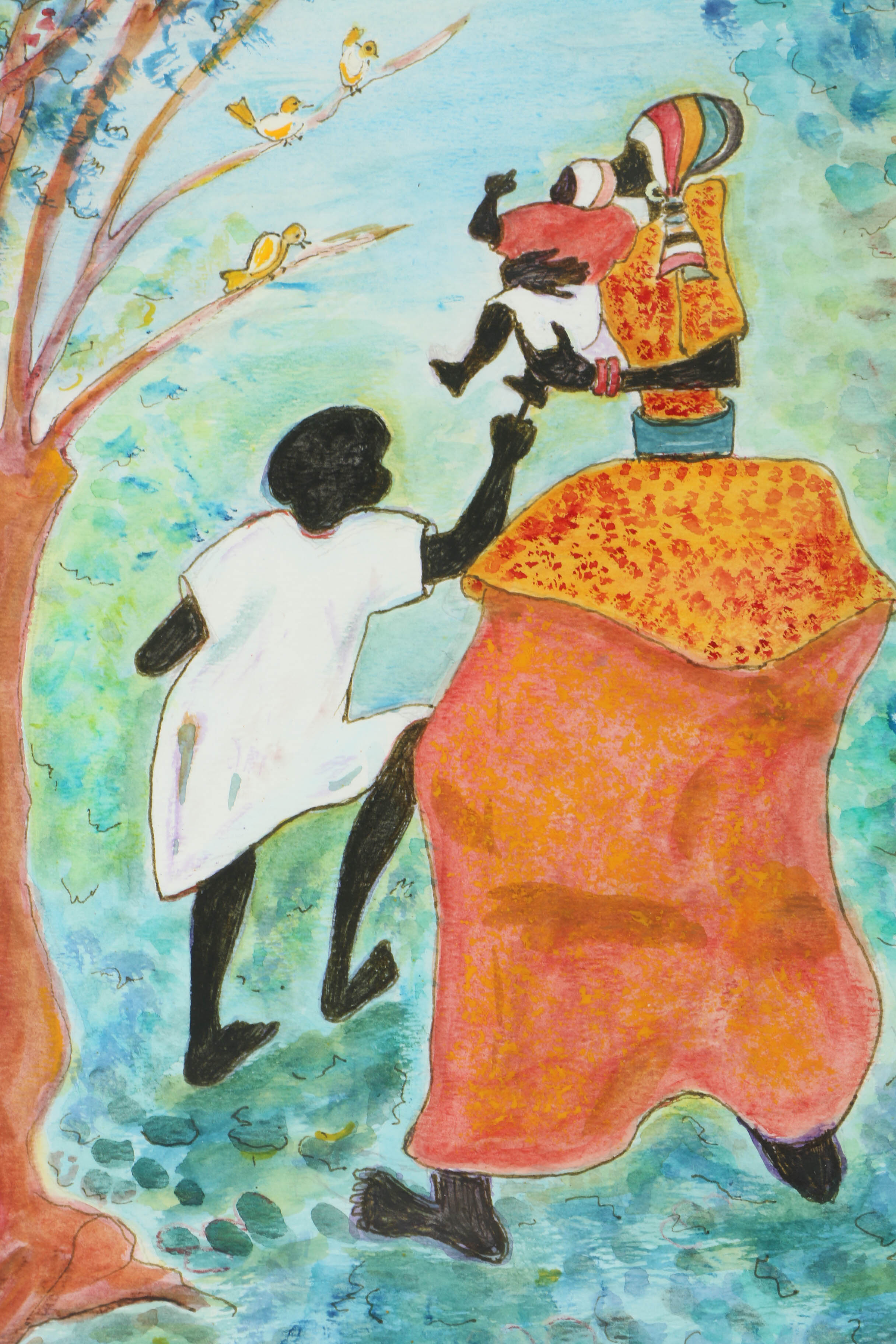 20th-Century Ink and Watercolor Painting of Figural Scene