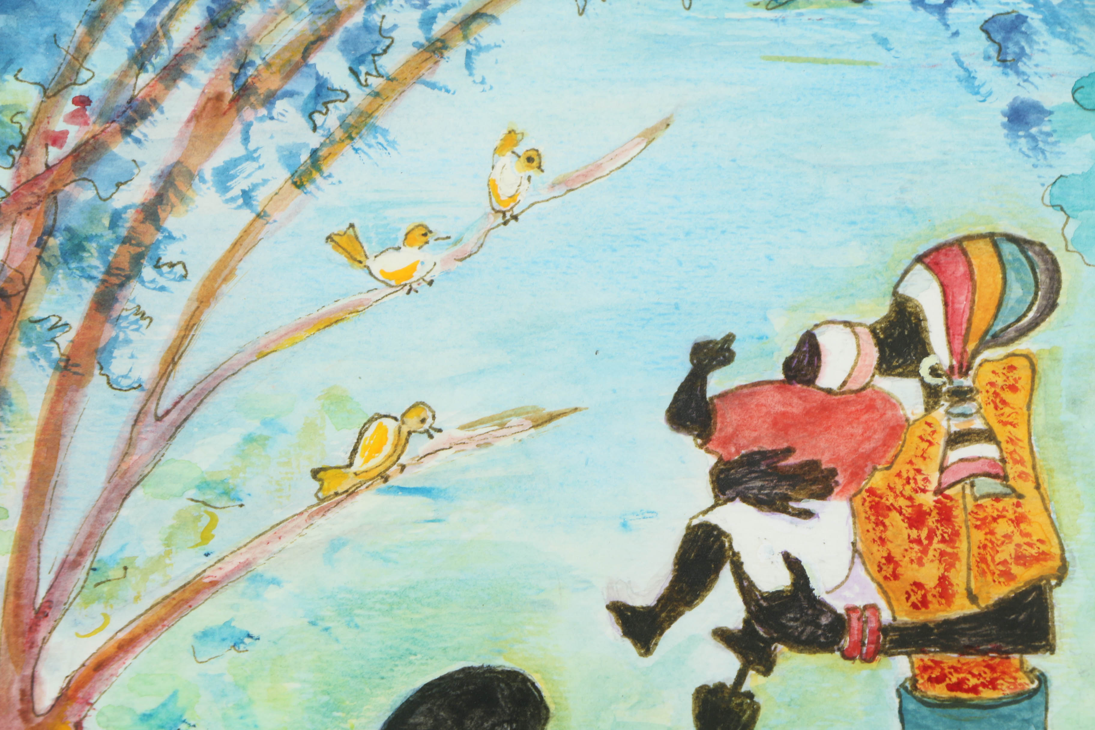 20th-Century Ink and Watercolor Painting of Figural Scene