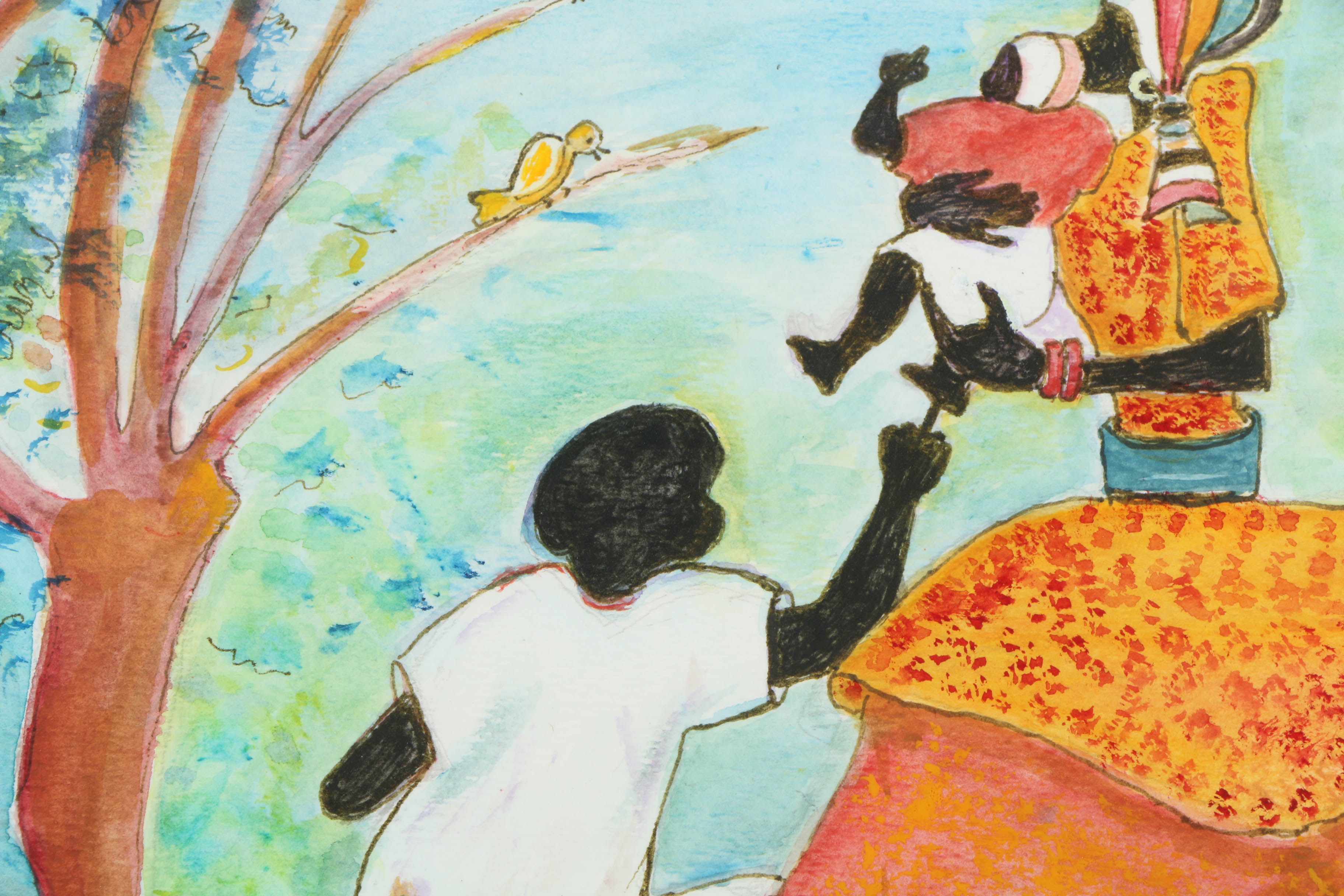 20th-Century Ink and Watercolor Painting of Figural Scene