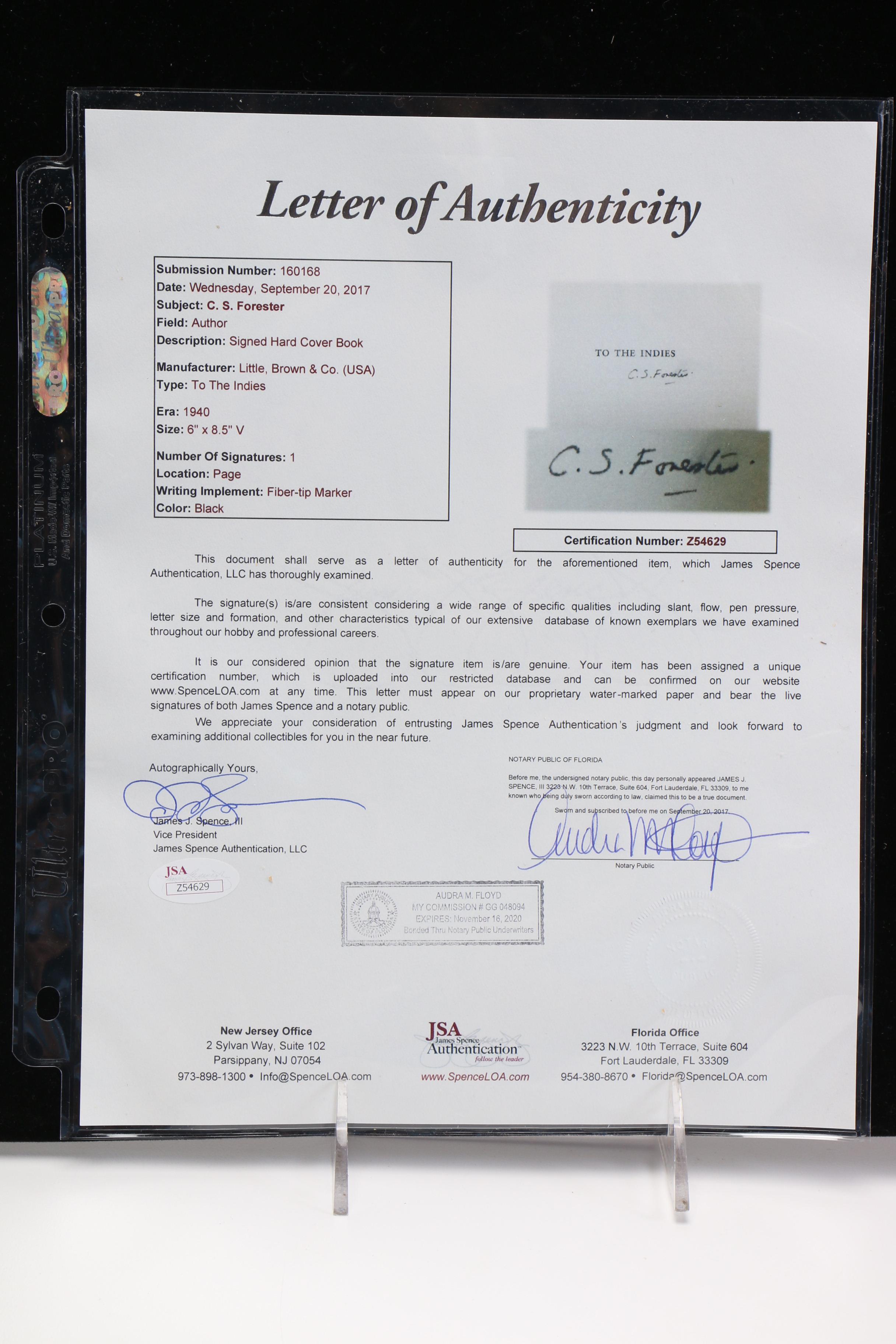 Signed Third Printing of "To The Indies" by C.S. Forester