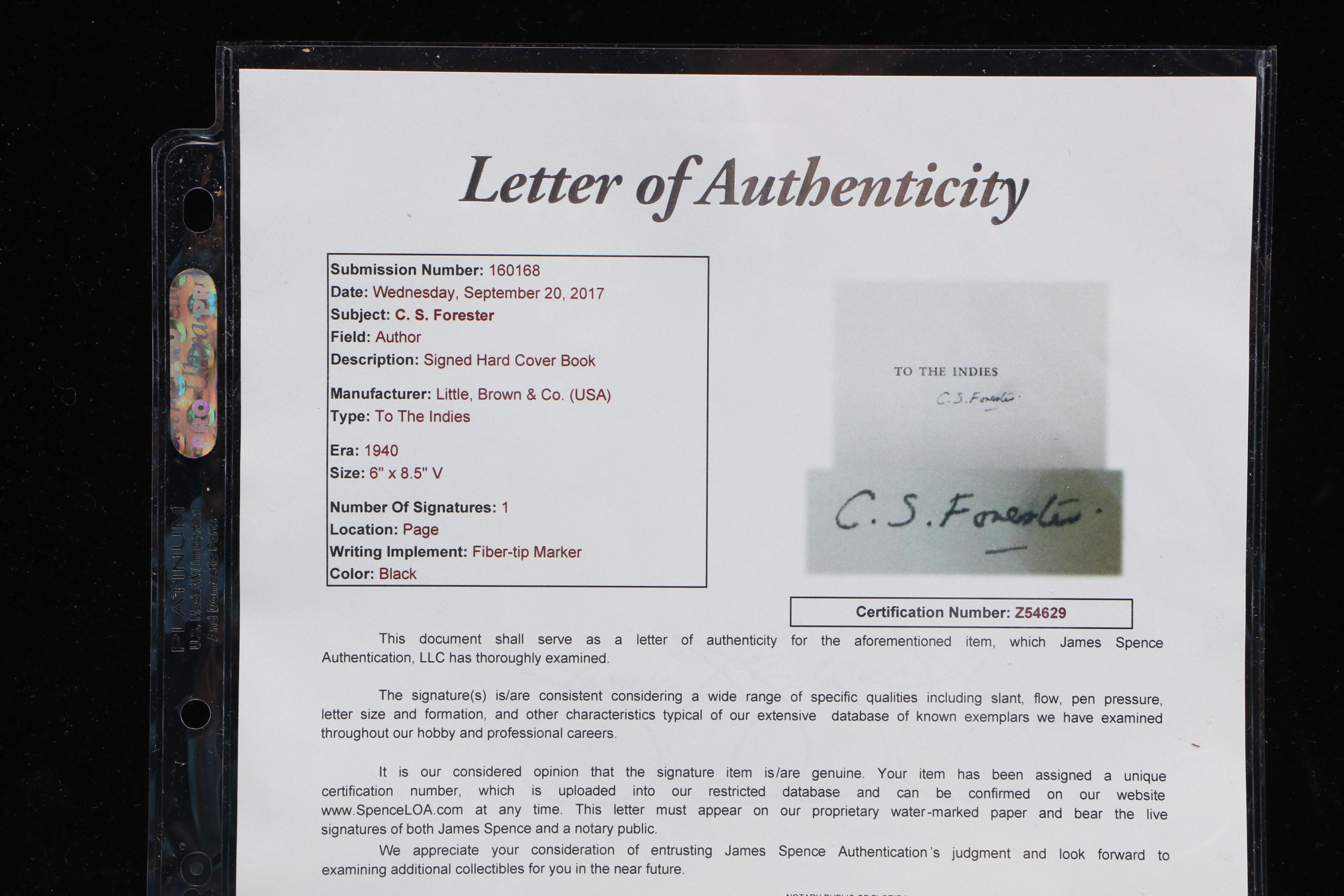 Signed Third Printing of "To The Indies" by C.S. Forester