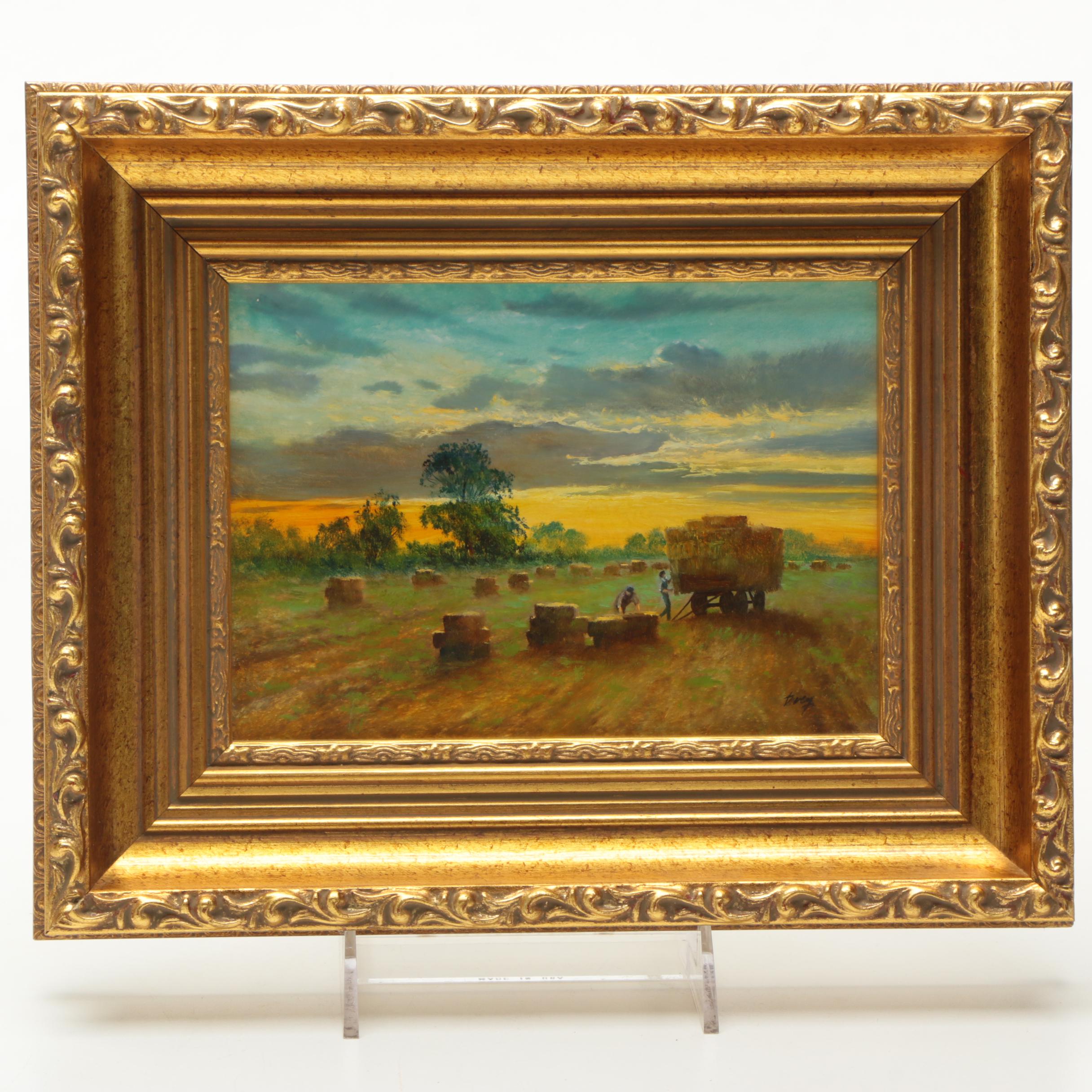 Oil Painting of Farmers Collecting Hay