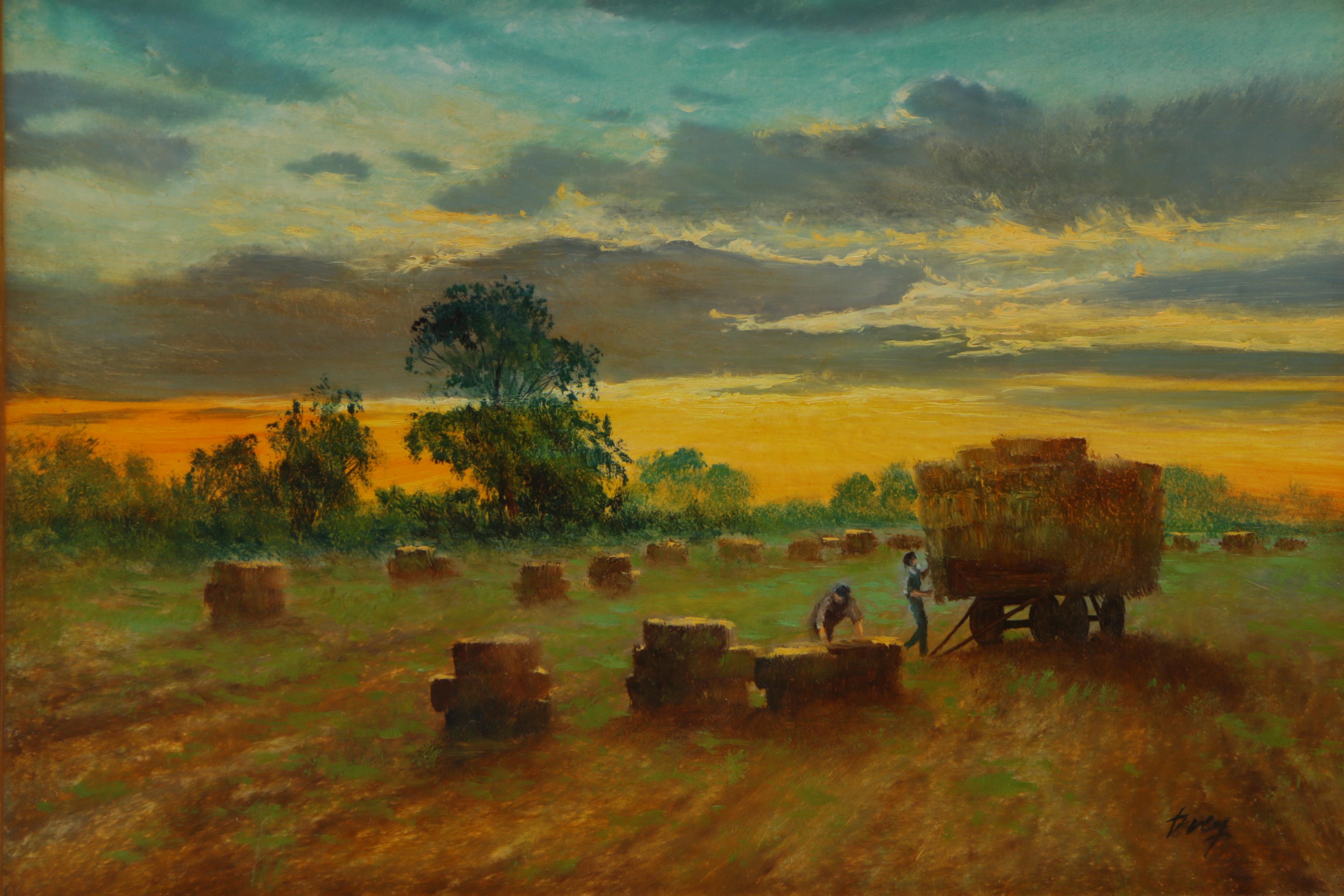 Oil Painting of Farmers Collecting Hay
