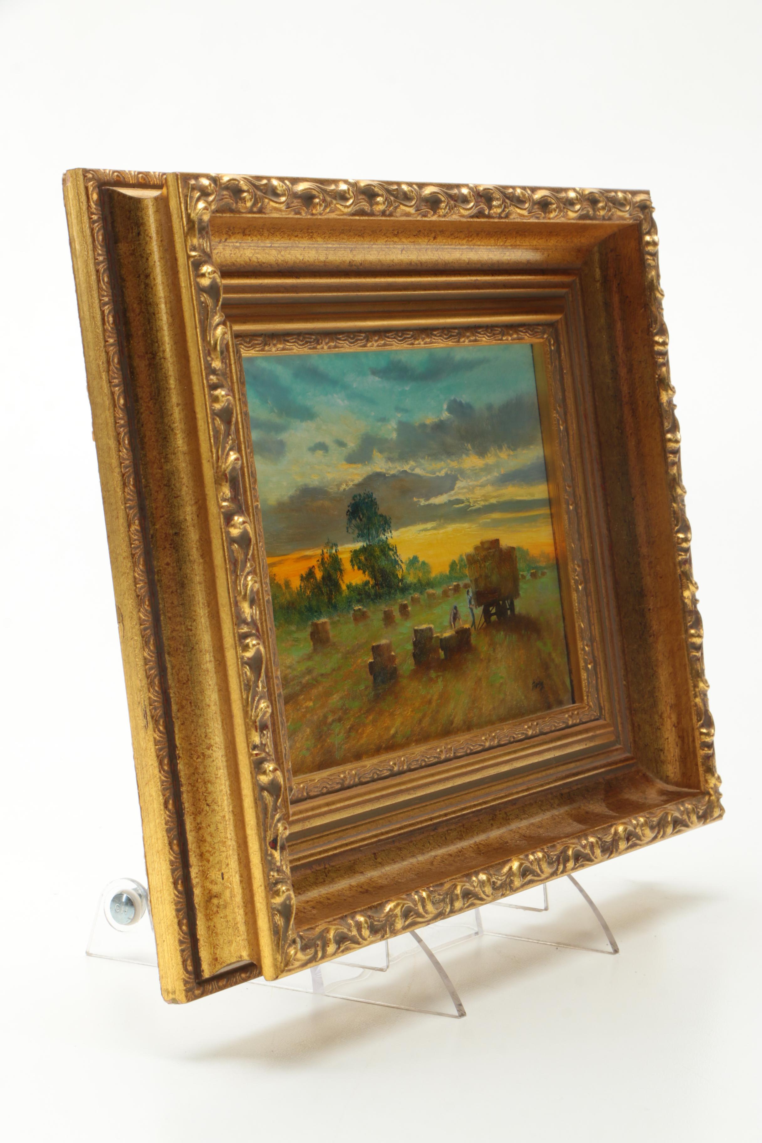 Oil Painting of Farmers Collecting Hay