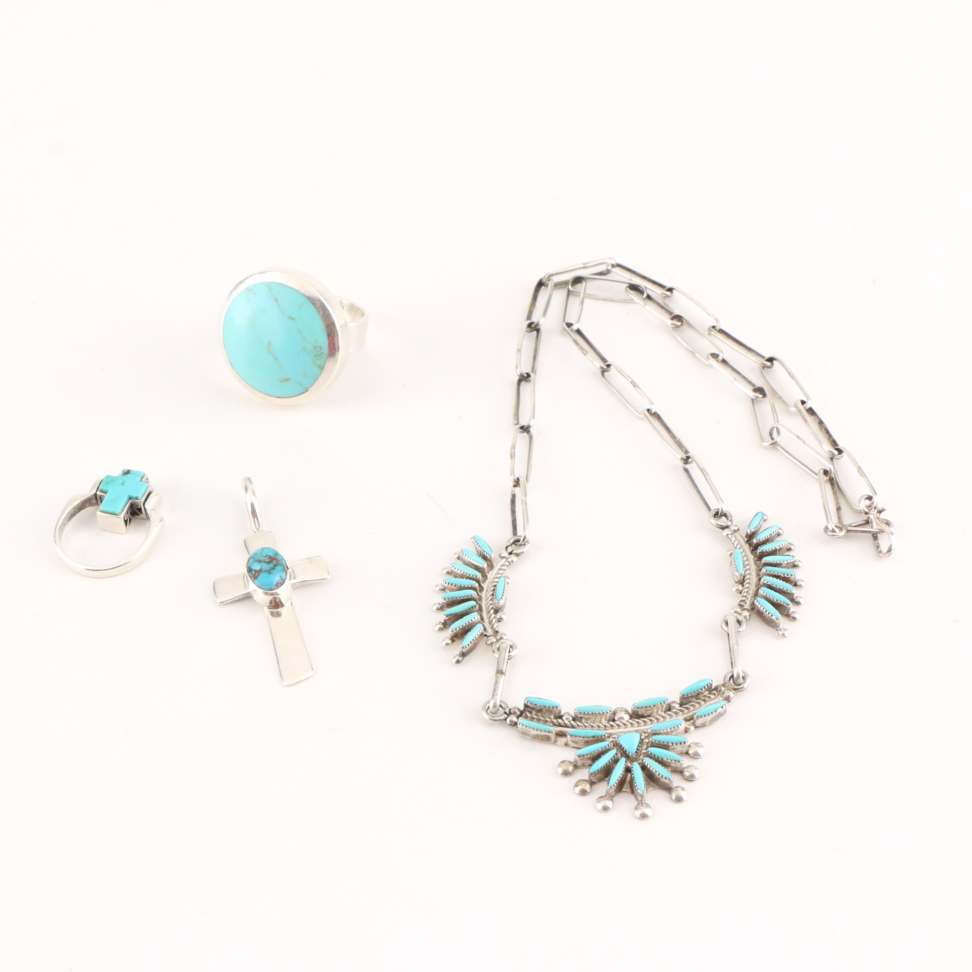 Sterling Silver Turquoise and Howlight Jewelry Including Native American Pieces