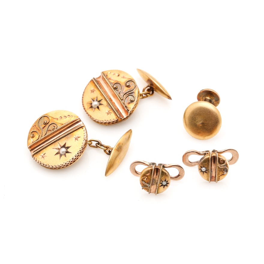 Selection of 12K Yellow Gold Pearl Cufflinks, Studs and 14K Yellow Gold Scrap