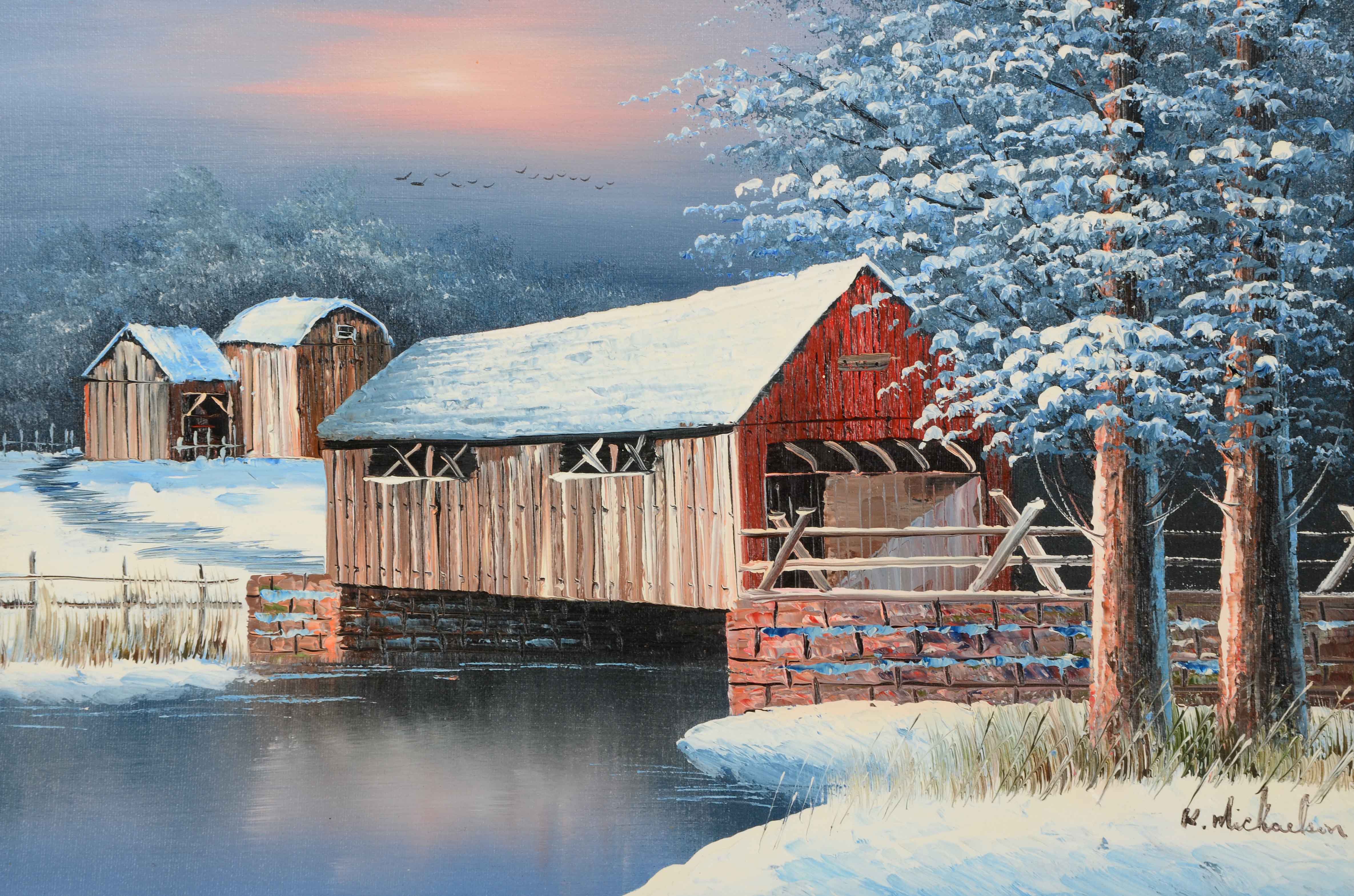 K. Michaelson Signed Oil Painting of a Covered Bridge