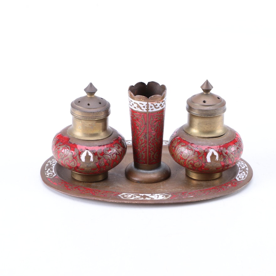South Asian Champlevé Shaker Set with Toothpick Holder