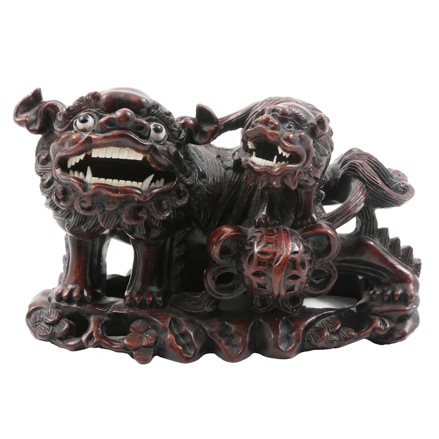 Chinese Carved Rosewood Buddhistic Lion Figural Group