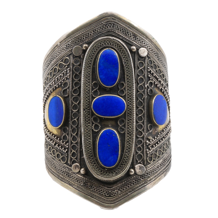 Large Turkish Silver Plate Lapis Lazuli Cuff Bracelet