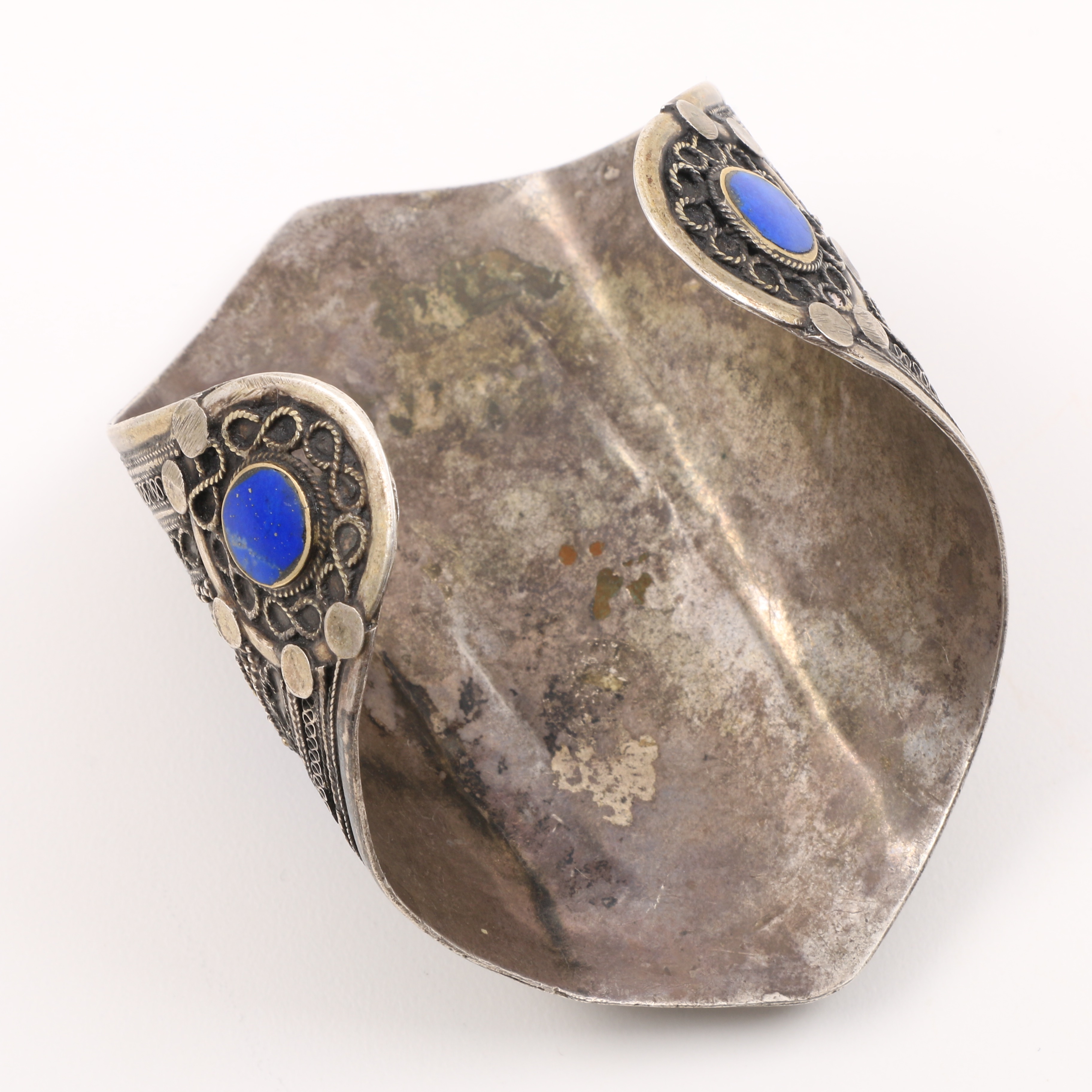 Large Turkish Silver Plate Lapis Lazuli Cuff Bracelet