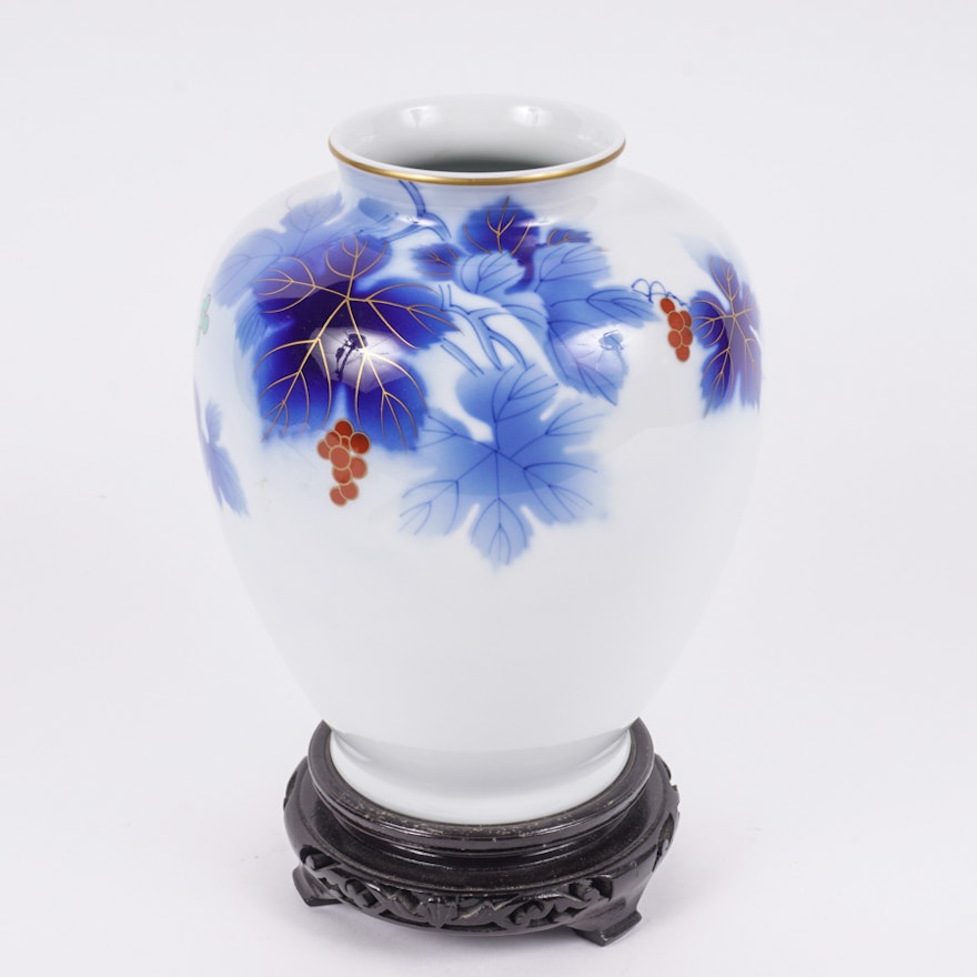 Japanese Fukagawa Porcelain Vase with Stand