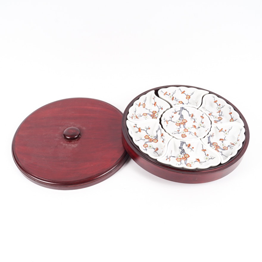 Chinese Hand Painted Porcelain Serving Dish with Rosewood Case