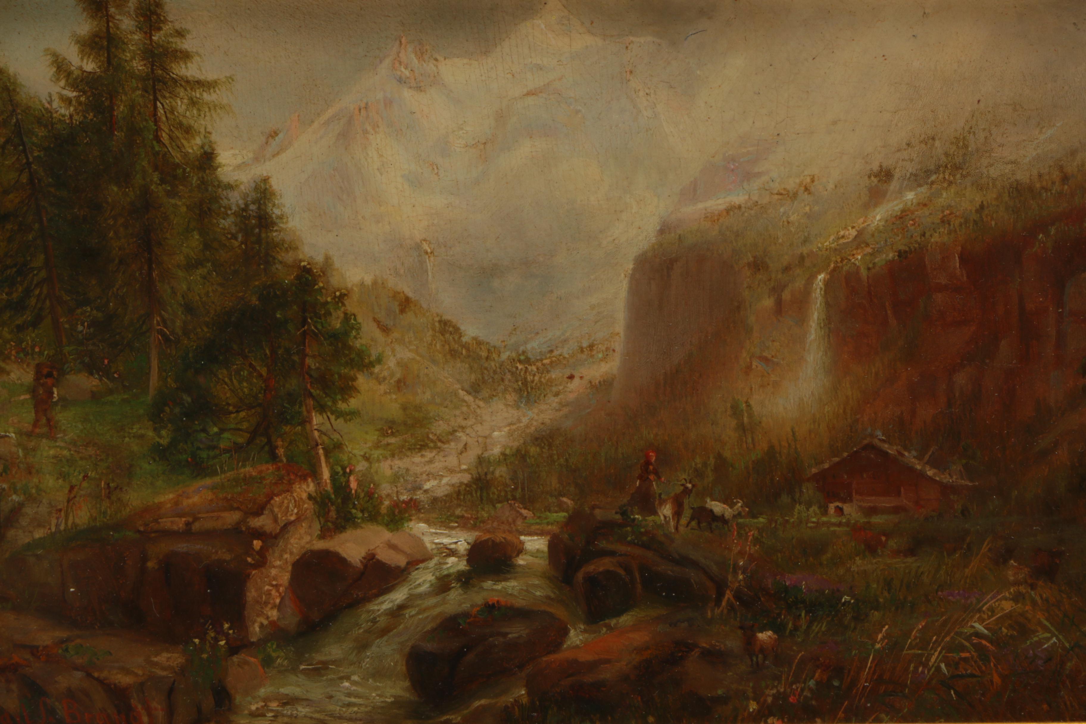Carl L. Brandt Landscape Oil Painting on Board of Riverside Cabin