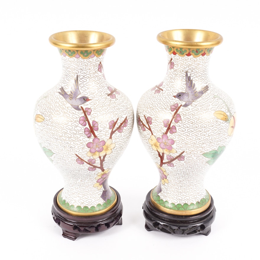 Pair of Chinese Cloisonné Vases Decorated with Blossoms