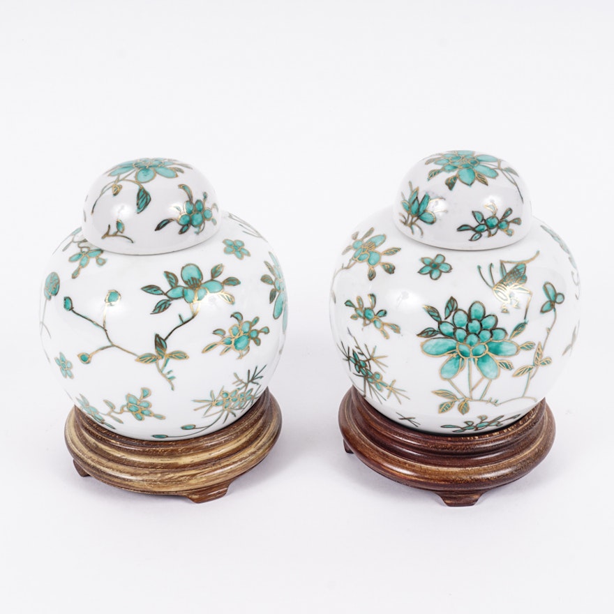 Pair of Chinese Green Hand Painted Porcelain Vases