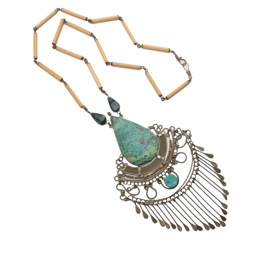 Silver Tone Chrysocolla in Matrix Fringe Pendant Necklace