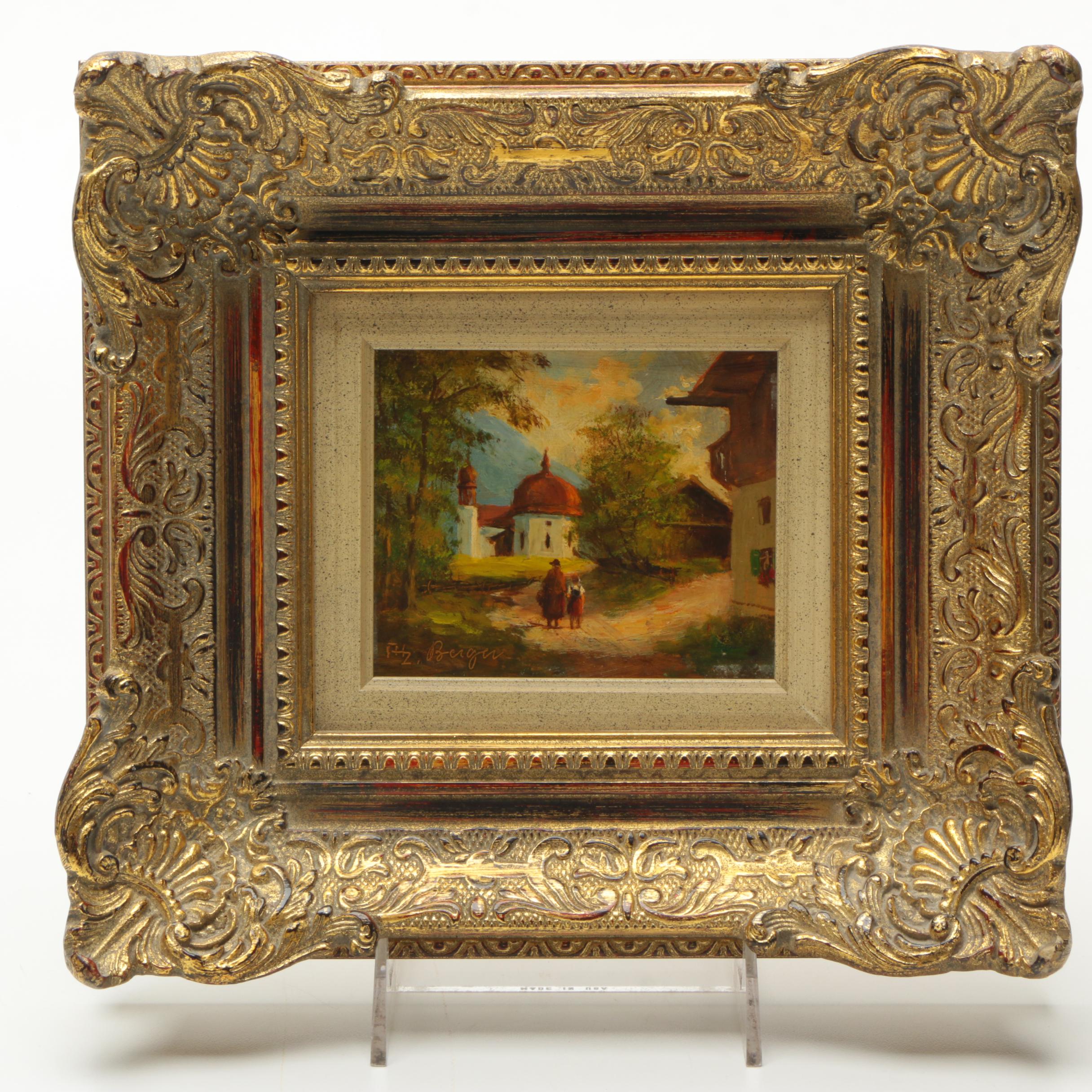 Berger Oil Painting on Board of Figures Walking in European Village Landscape
