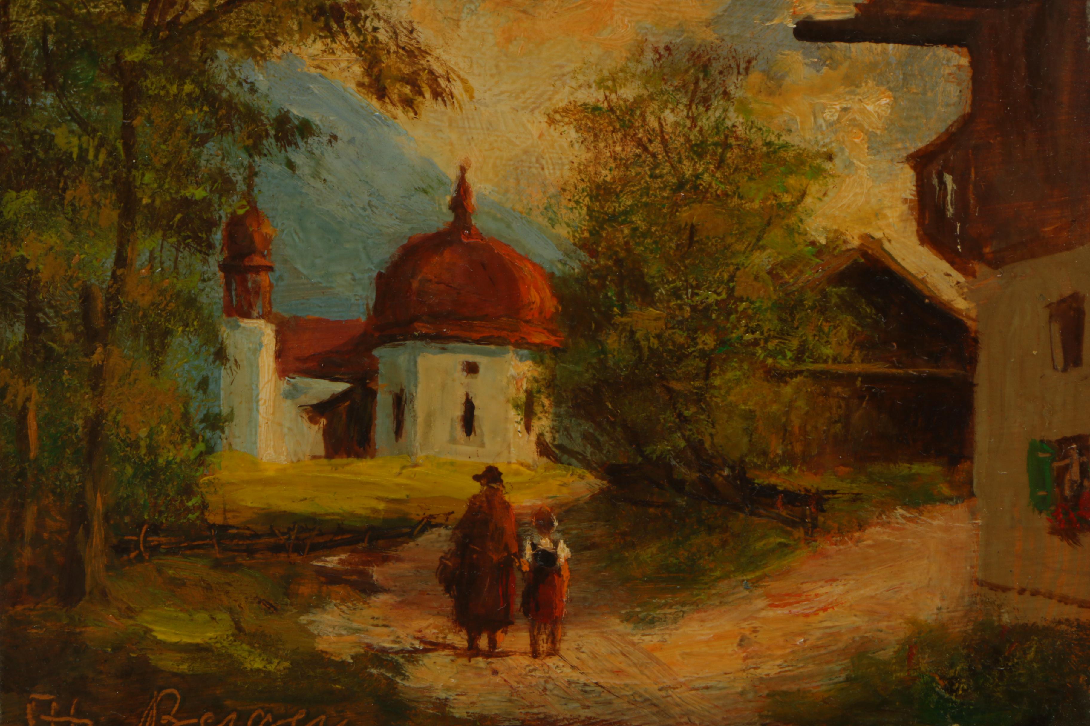 Berger Oil Painting on Board of Figures Walking in European Village Landscape