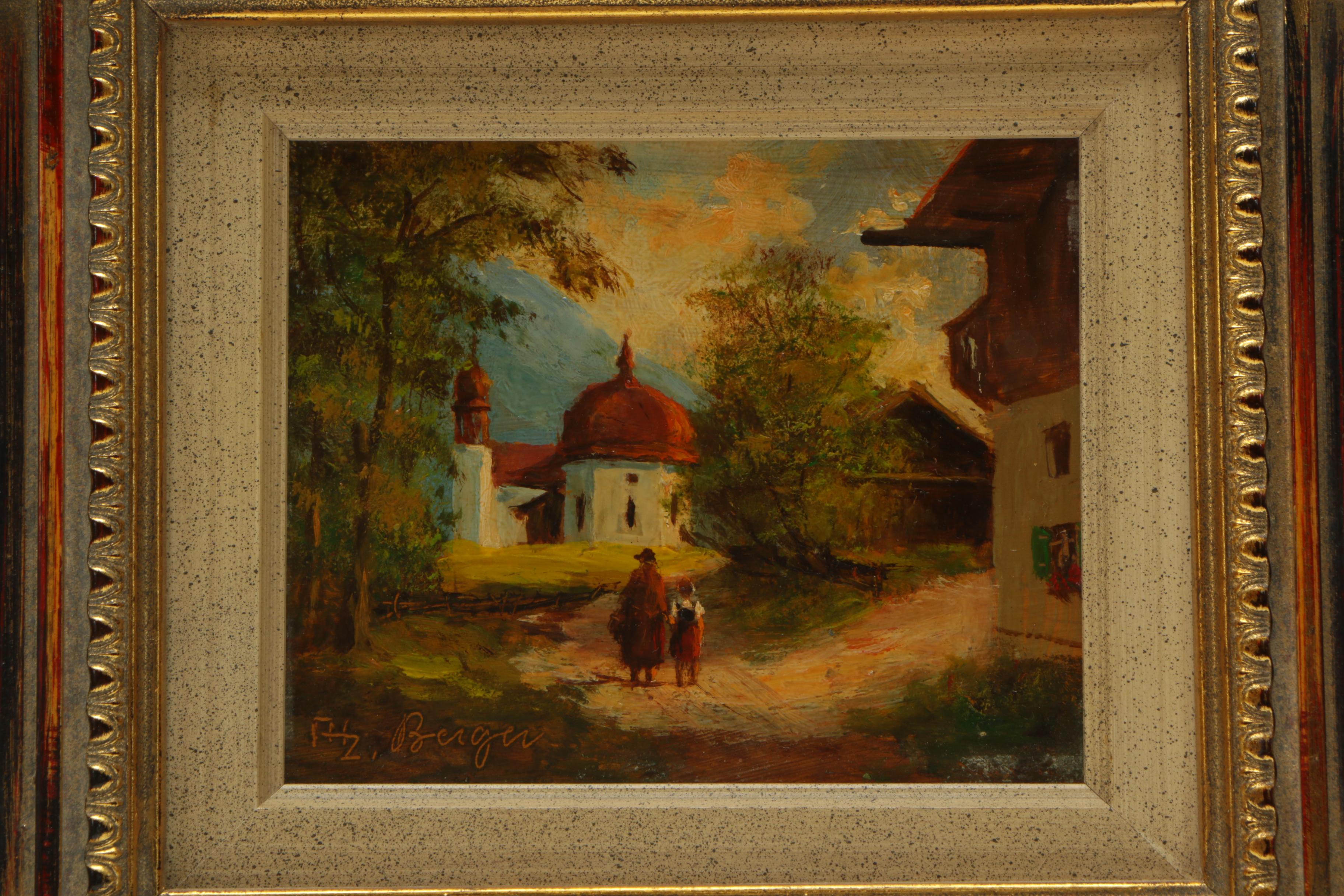 Berger Oil Painting on Board of Figures Walking in European Village Landscape