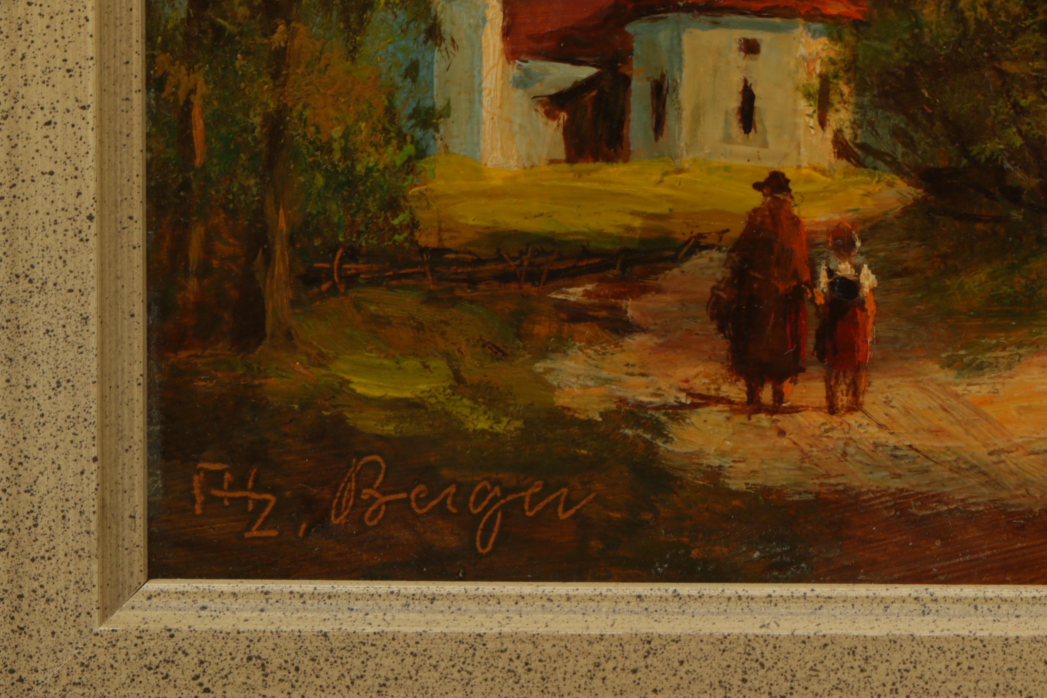 Berger Oil Painting on Board of Figures Walking in European Village Landscape