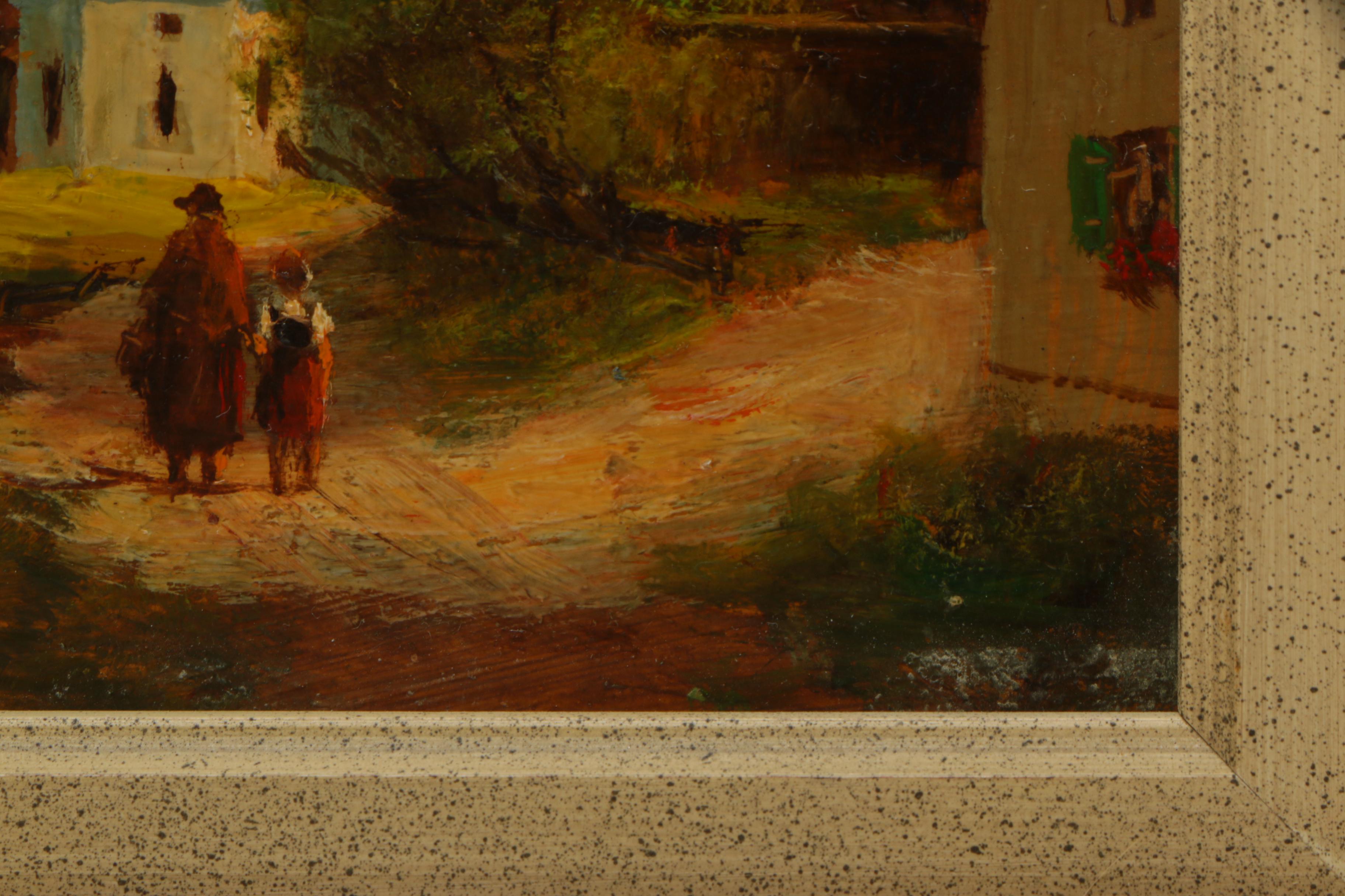 Berger Oil Painting on Board of Figures Walking in European Village Landscape