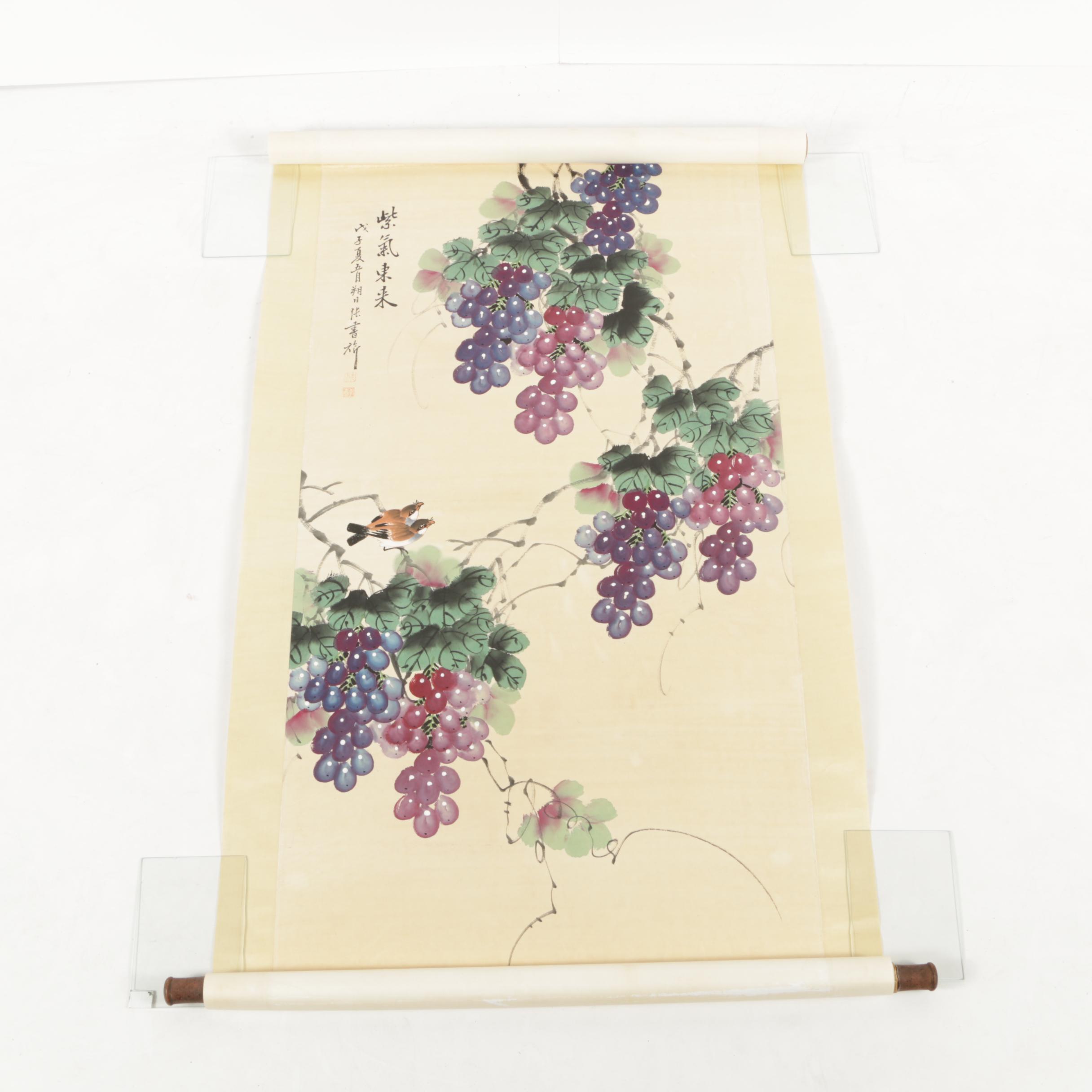 Chinese Hanging Scroll Ink & Gouache Painting of Grapes on the Vine