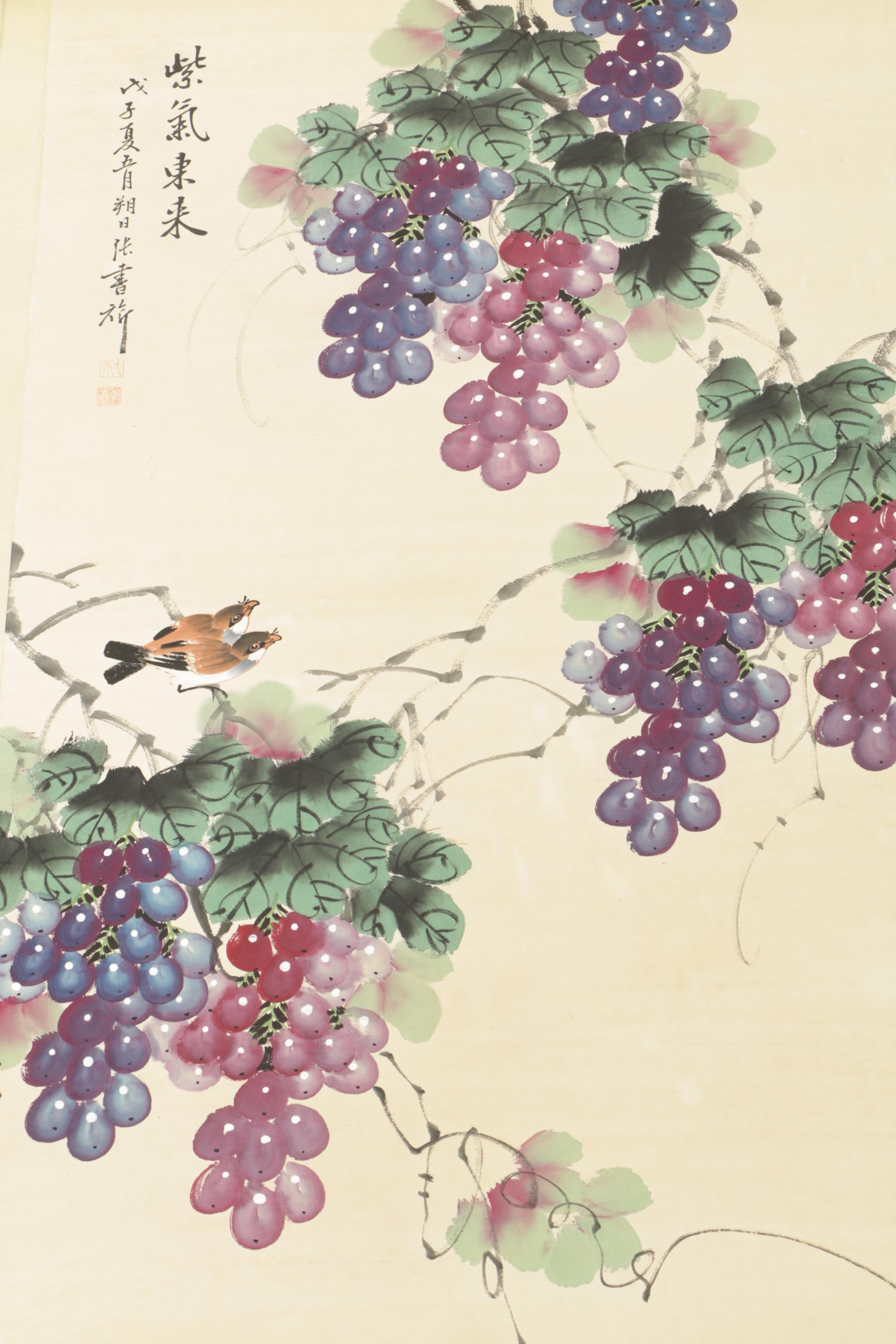 Chinese Hanging Scroll Ink & Gouache Painting of Grapes on the Vine