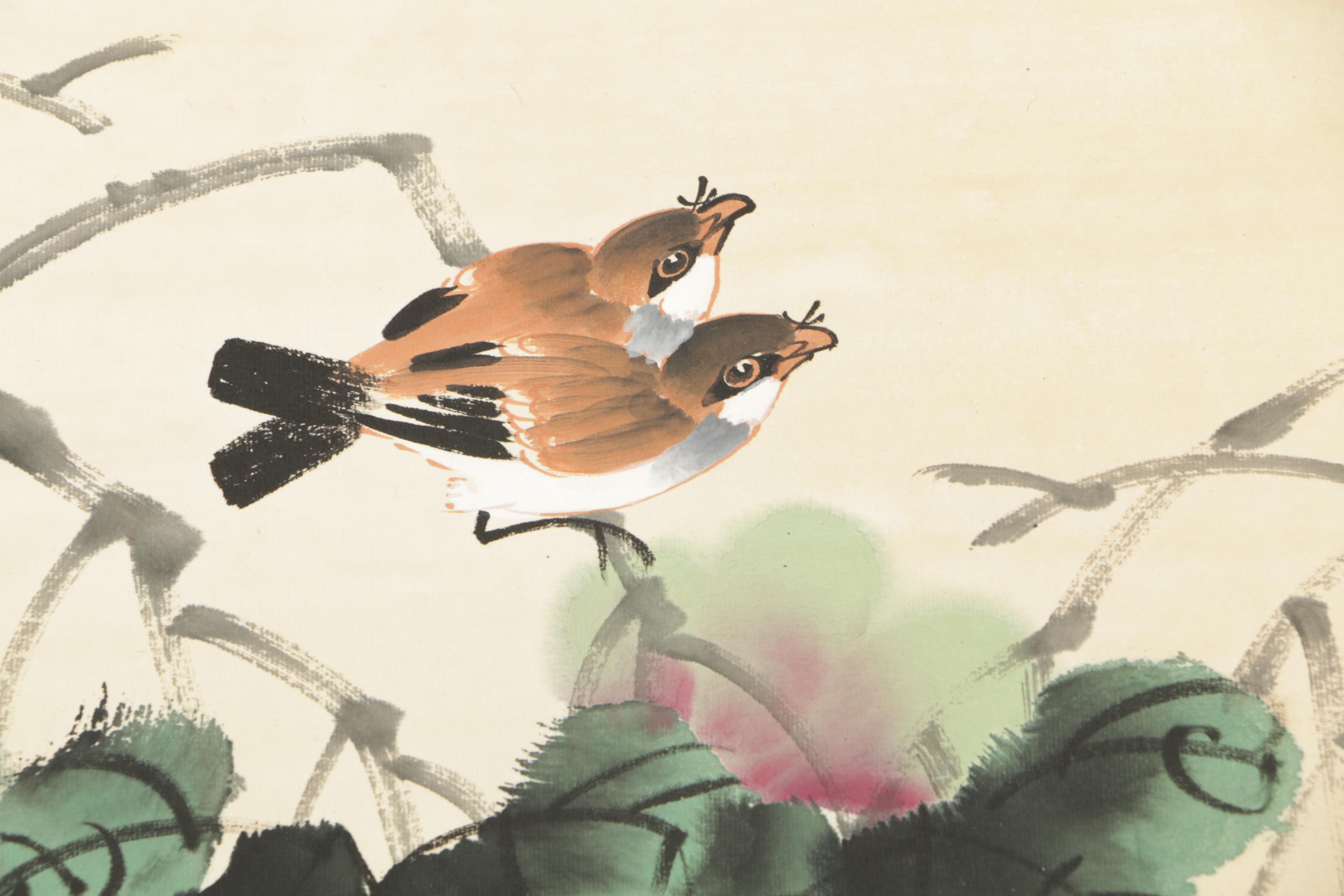 Chinese Hanging Scroll Ink & Gouache Painting of Grapes on the Vine