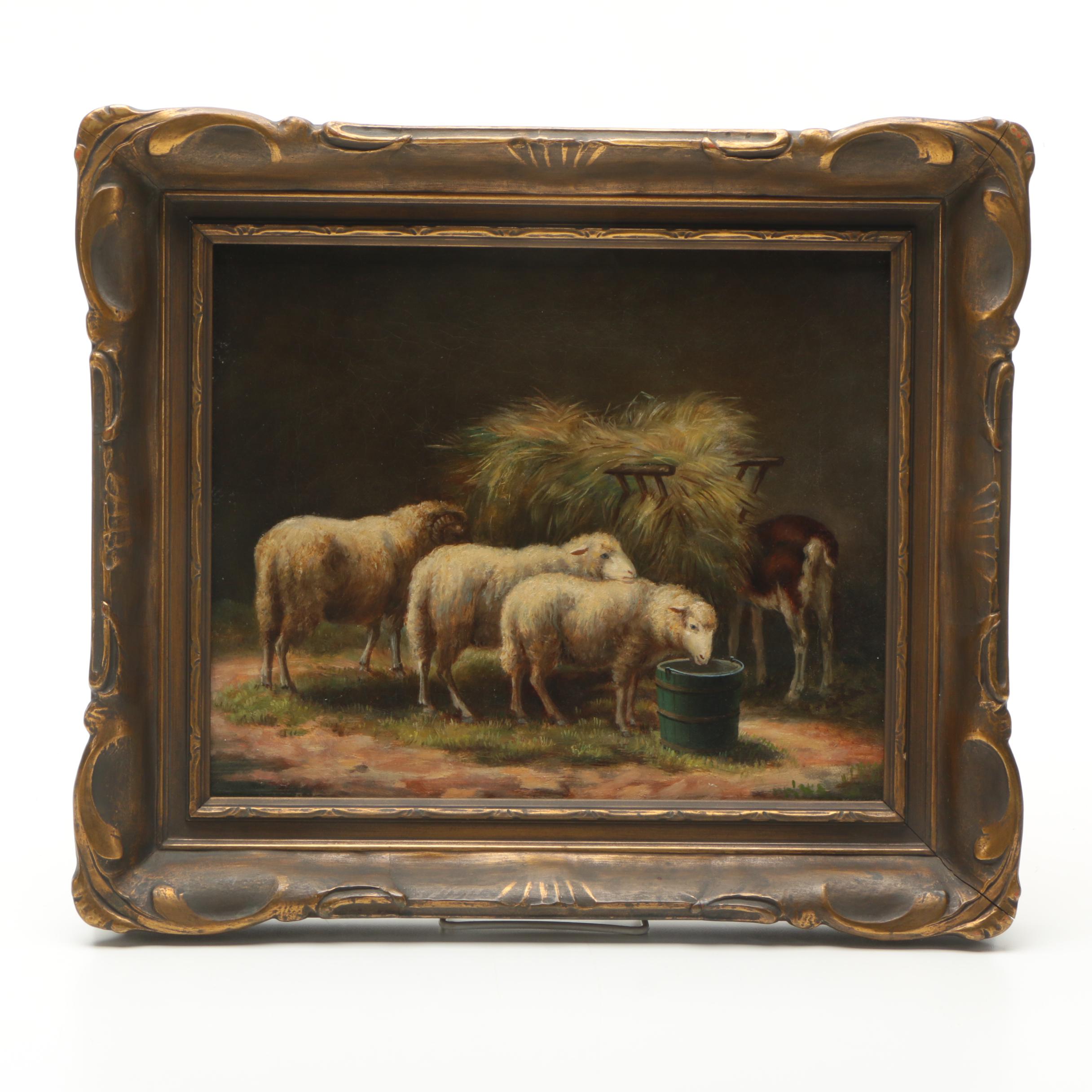 Oil Painting on Canvas of Sheep and Goat at Hay Feeder