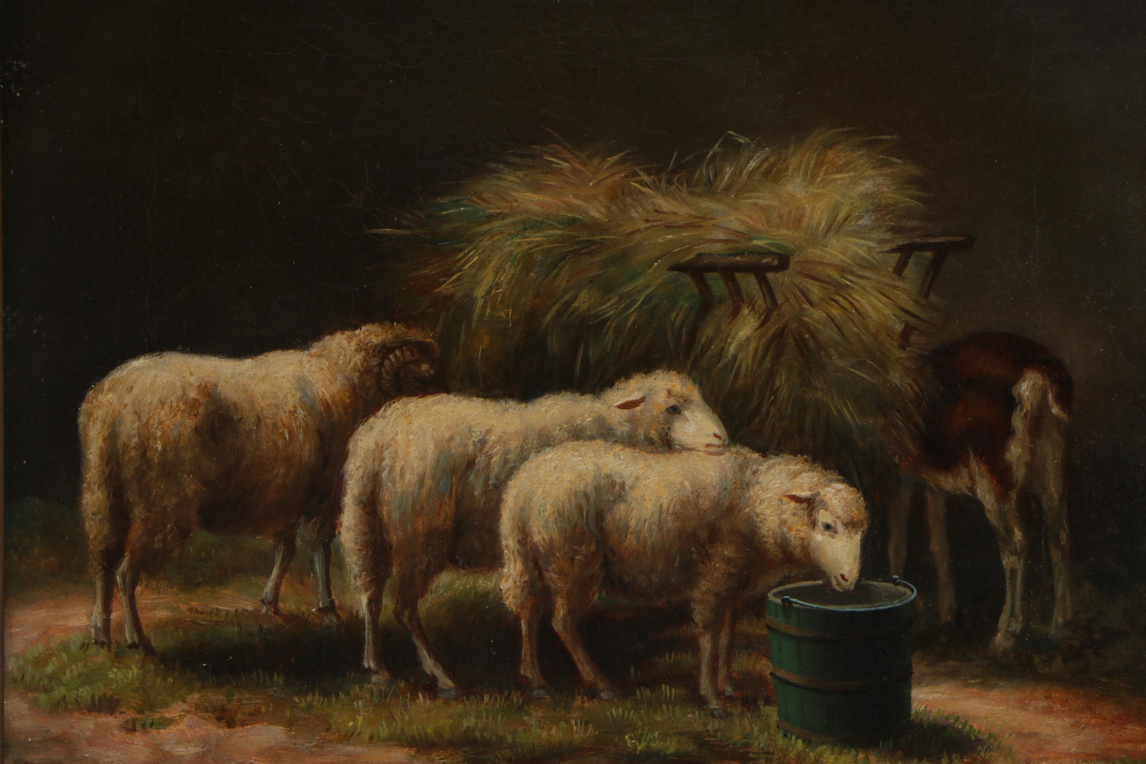 Oil Painting on Canvas of Sheep and Goat at Hay Feeder