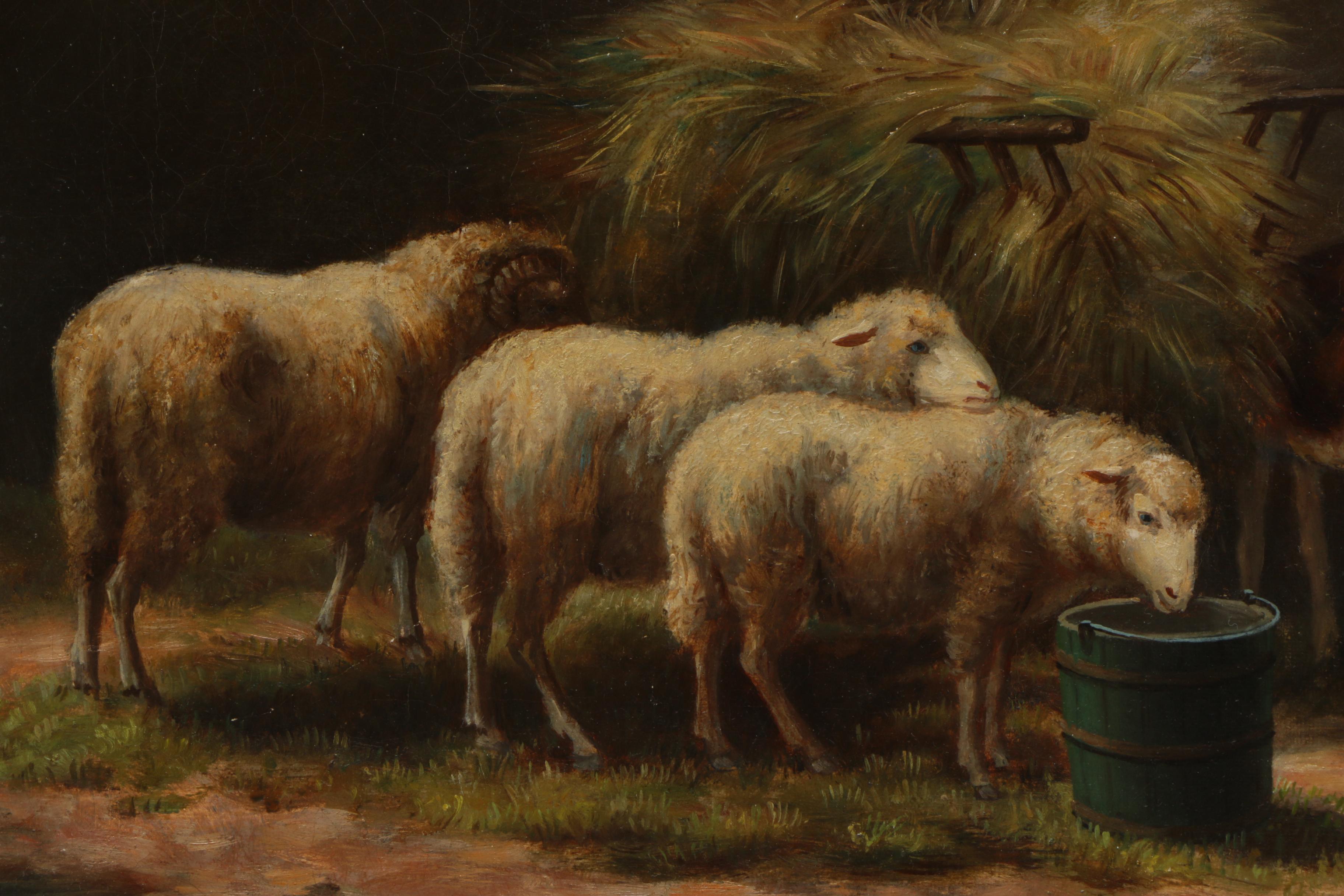 Oil Painting on Canvas of Sheep and Goat at Hay Feeder