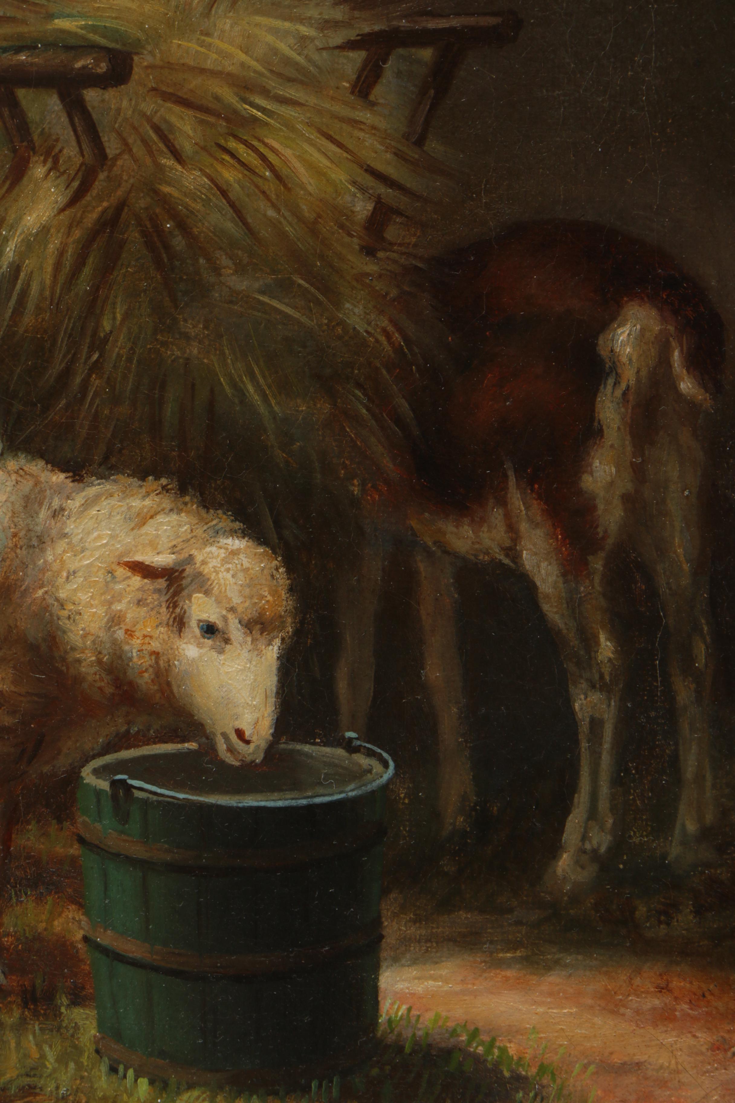 Oil Painting on Canvas of Sheep and Goat at Hay Feeder
