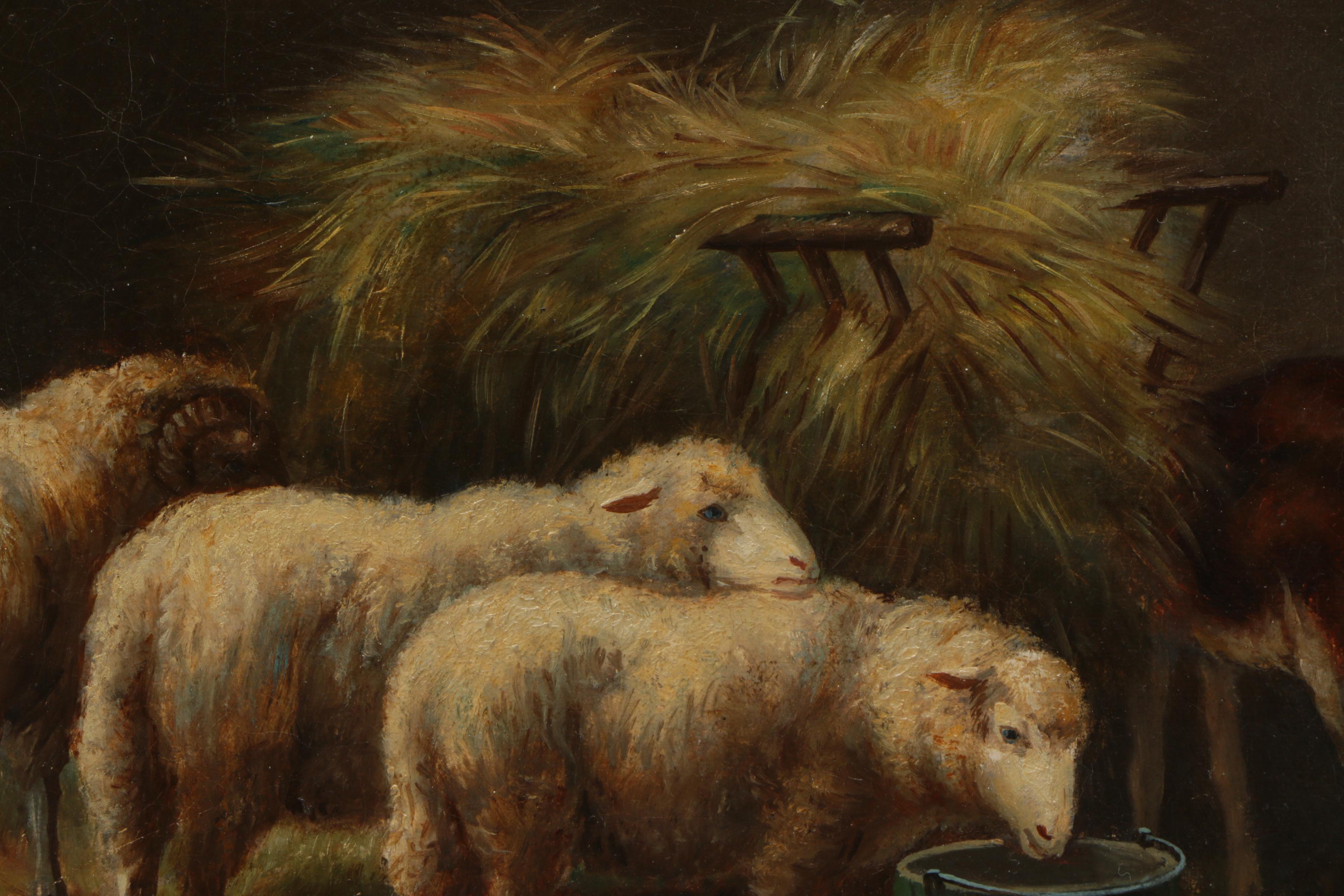 Oil Painting on Canvas of Sheep and Goat at Hay Feeder