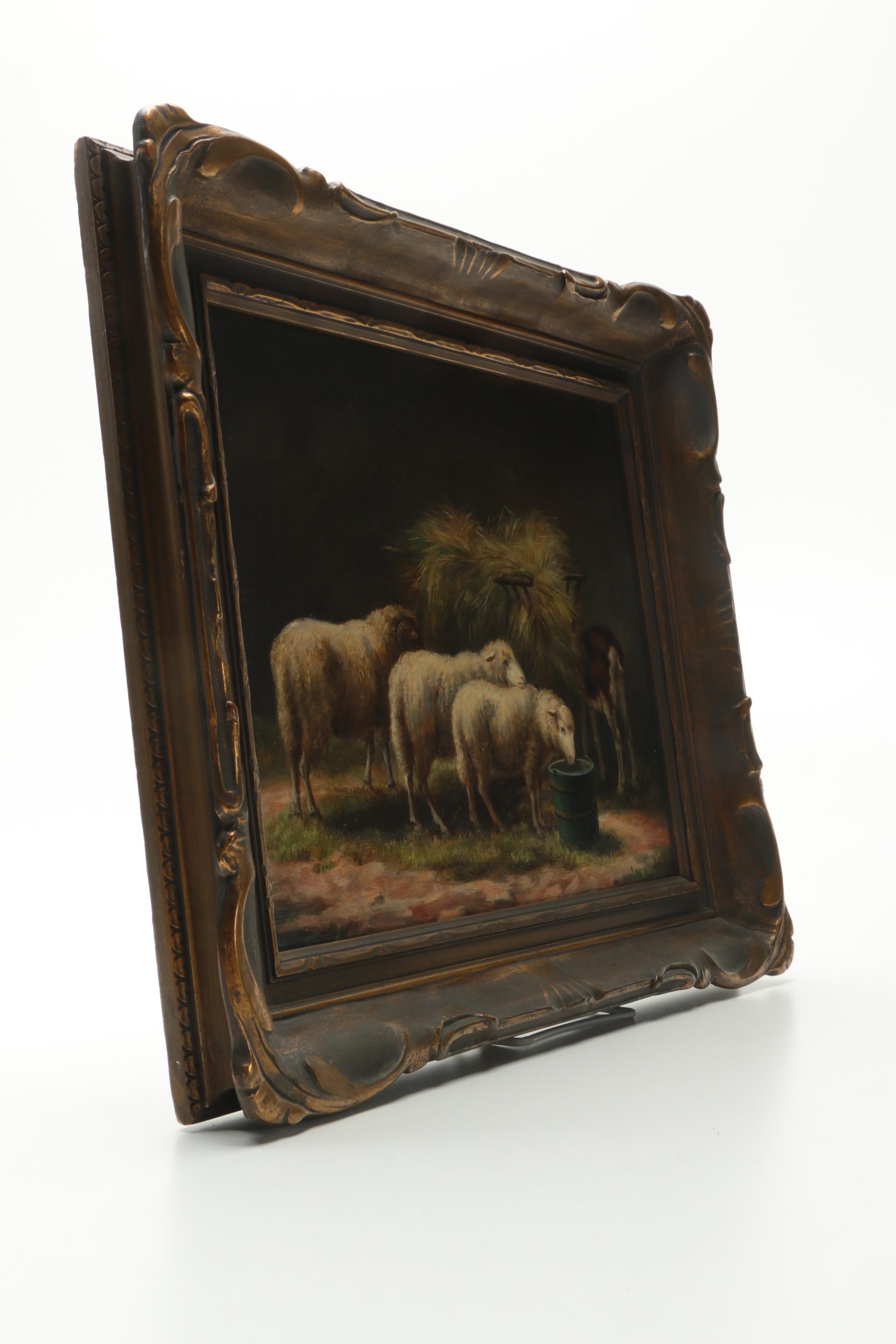 Oil Painting on Canvas of Sheep and Goat at Hay Feeder