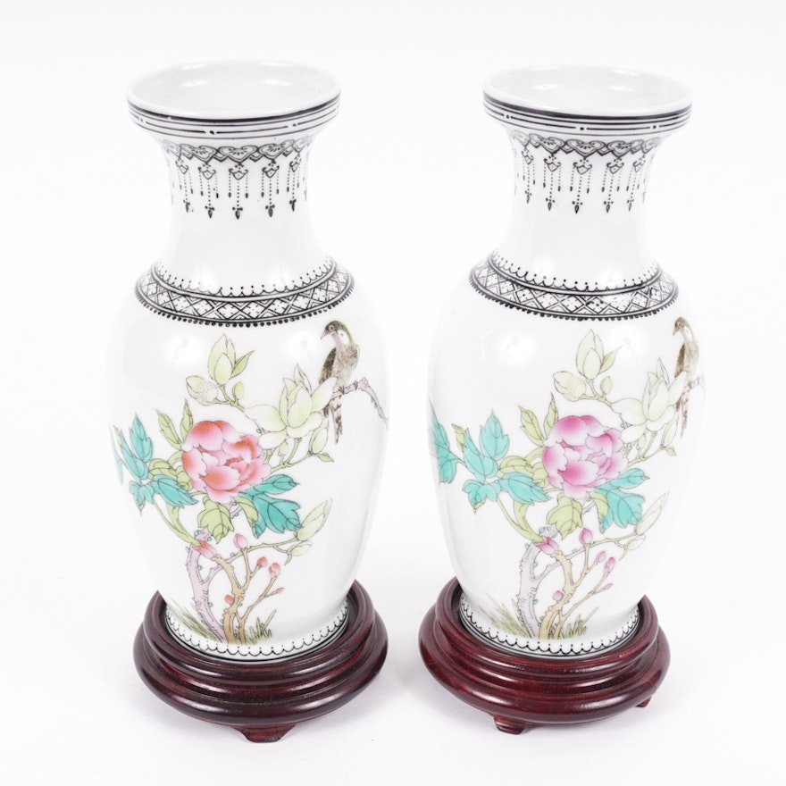 Pair of Chinese Porcelain Vases featuring Flowers and a Bird